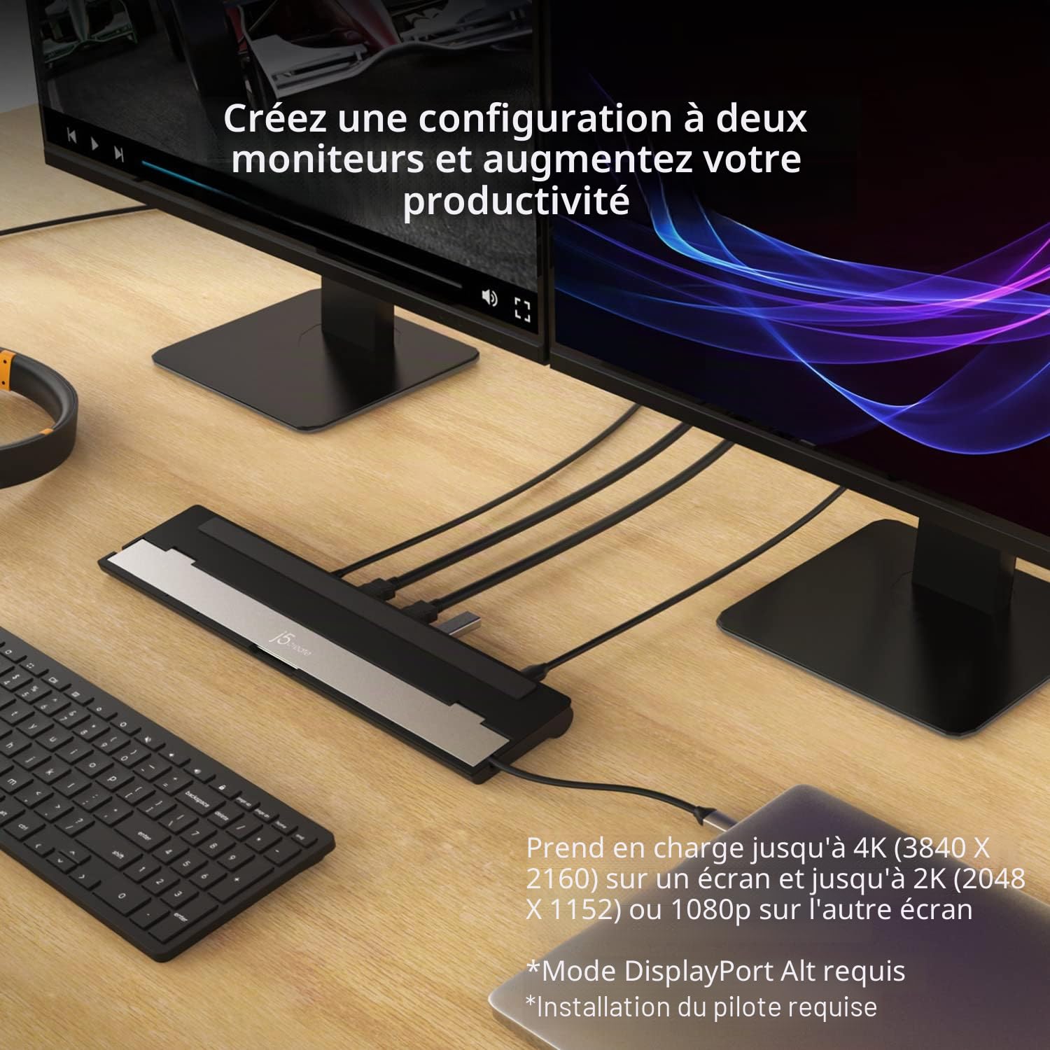 j5create Station d'accueil USB-C Double HDMI (10-en-1) | 4K + 1080p HDMI Display, 5Gbps USB-A x3, carte SD, PD 100W, RJ45 Ethernet, pour MacBook et Windows Laptop (JCD542)