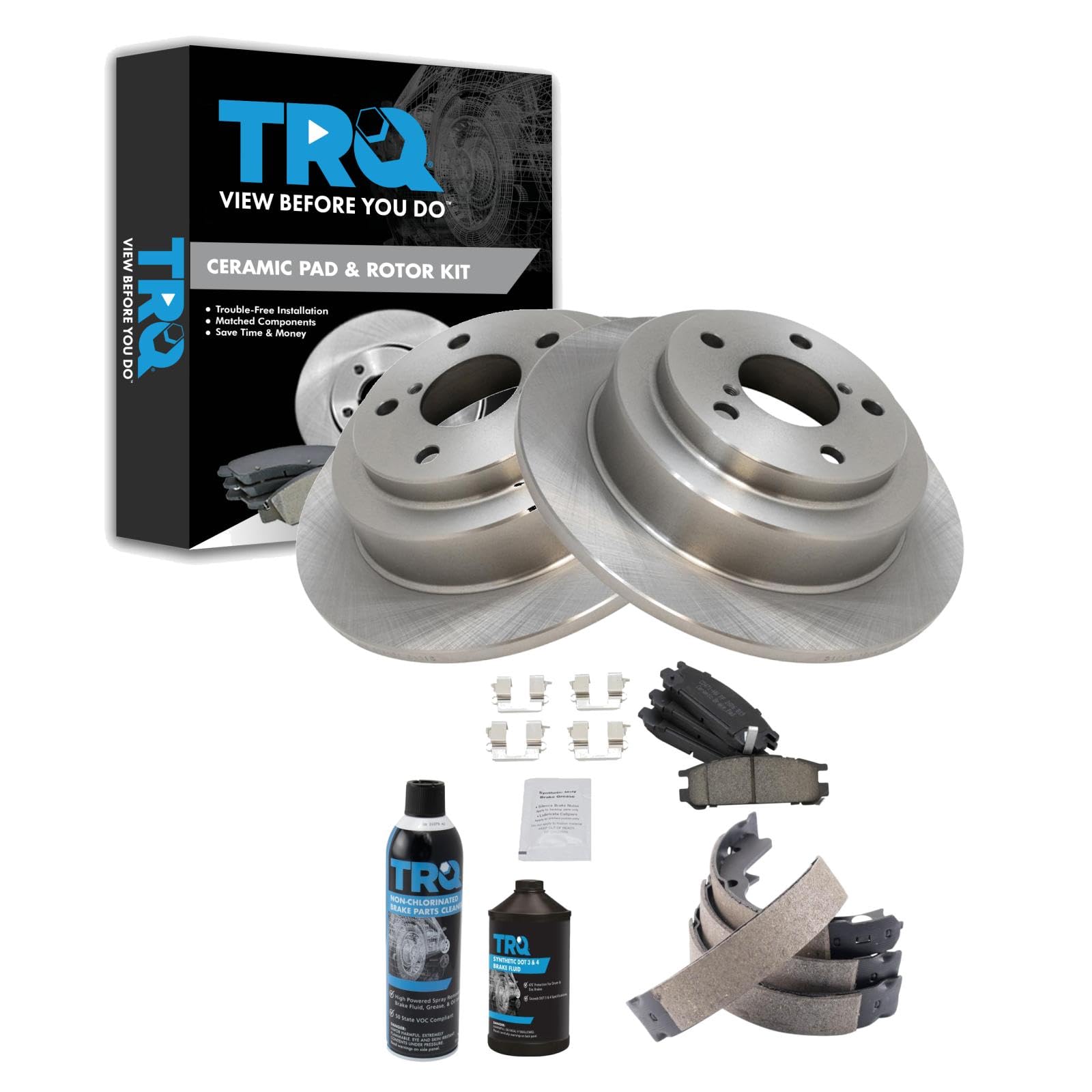 TRQ Rear Brake Pad &amp; Rotor Kit, with Chemical Kit Parking Brake Shoe Set Ceramic Compatible with 1993-1999 Subaru Impreza 1995-1999 Legacy
