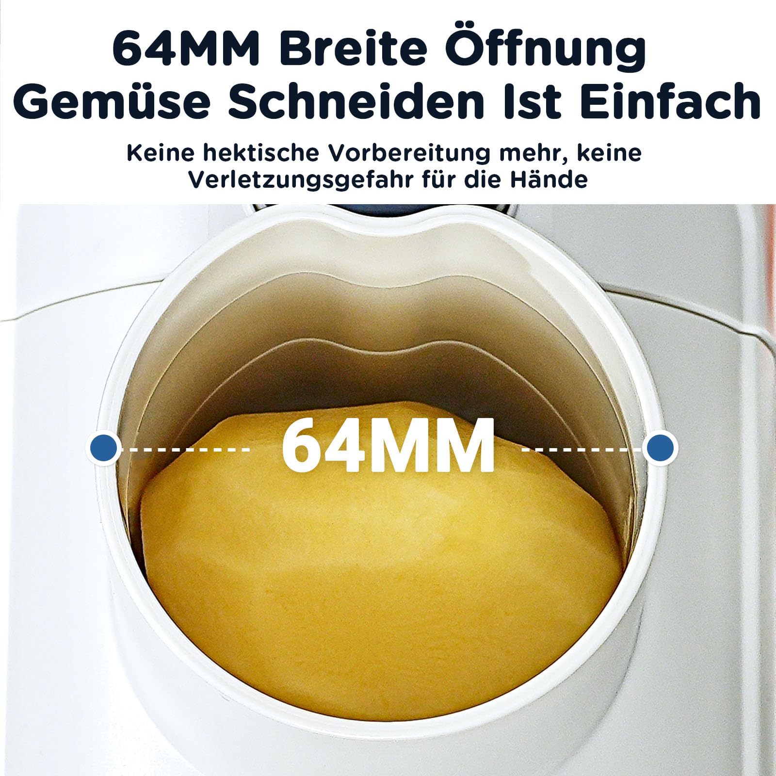 Gemüseschneider Elektrisch, AAOBOSI Elektrischer Gemüseschneider mit Aufbewahrungsbox, großem Einfüllschacht zum ganzer Karotten, Kartoffeln, 3 Einsätze und leisem Motor-Upgrade