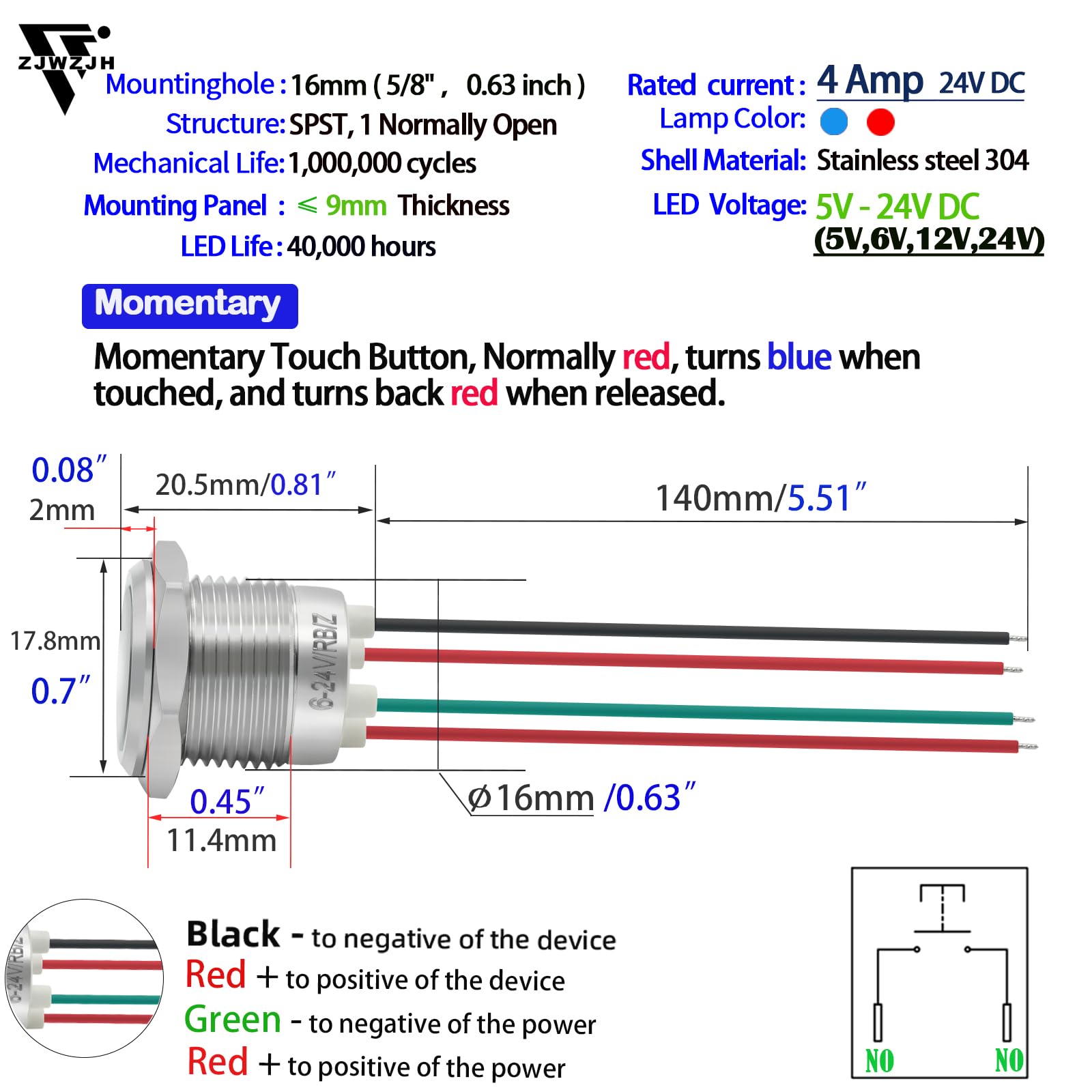 Snapklik.com : ZJWZJH Touch Switch, 5V 12V 24V DC, 16mm 5/8