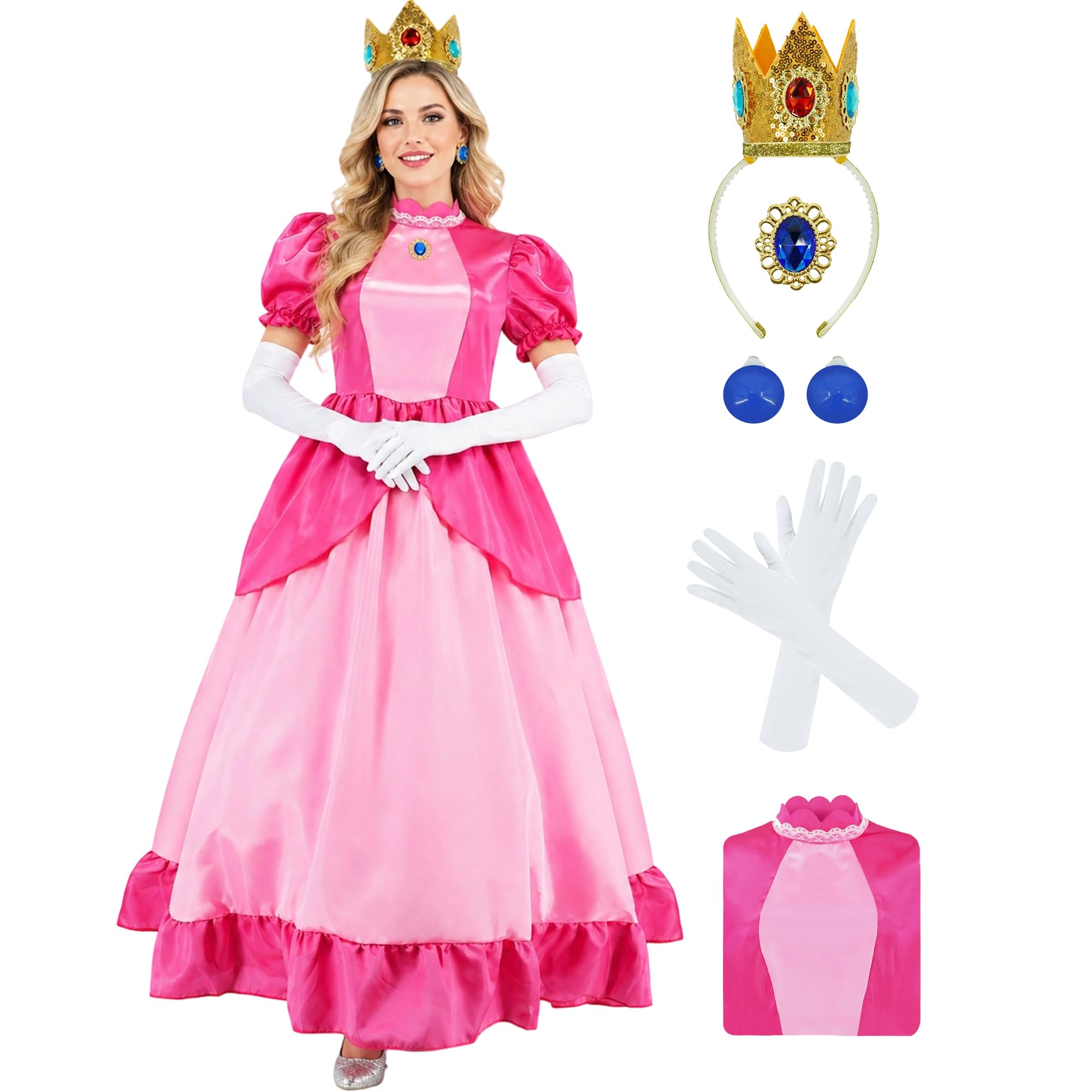 AYYOHON Rosalina Costume Adult Princess Daisy Dress Women Party Gown Halloween Cosplay Crown Earrings Gloves Brooch Set M