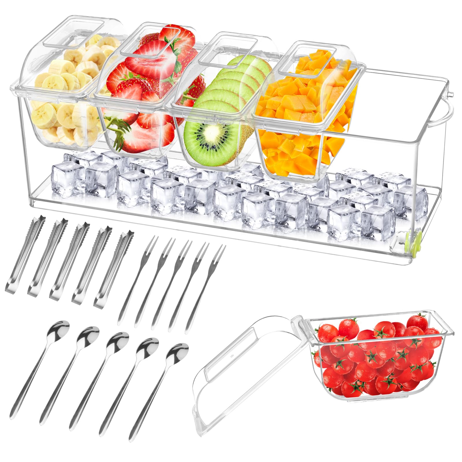 Ice Chilled Condiment Caddy with 5 Containers,Large Ice Chilled Condiment Organizer with Separate Lids, with Spoons,Forks and Clip Serving Tray Platter for Bar Accessories, Fruit, Salad, Taco, Party