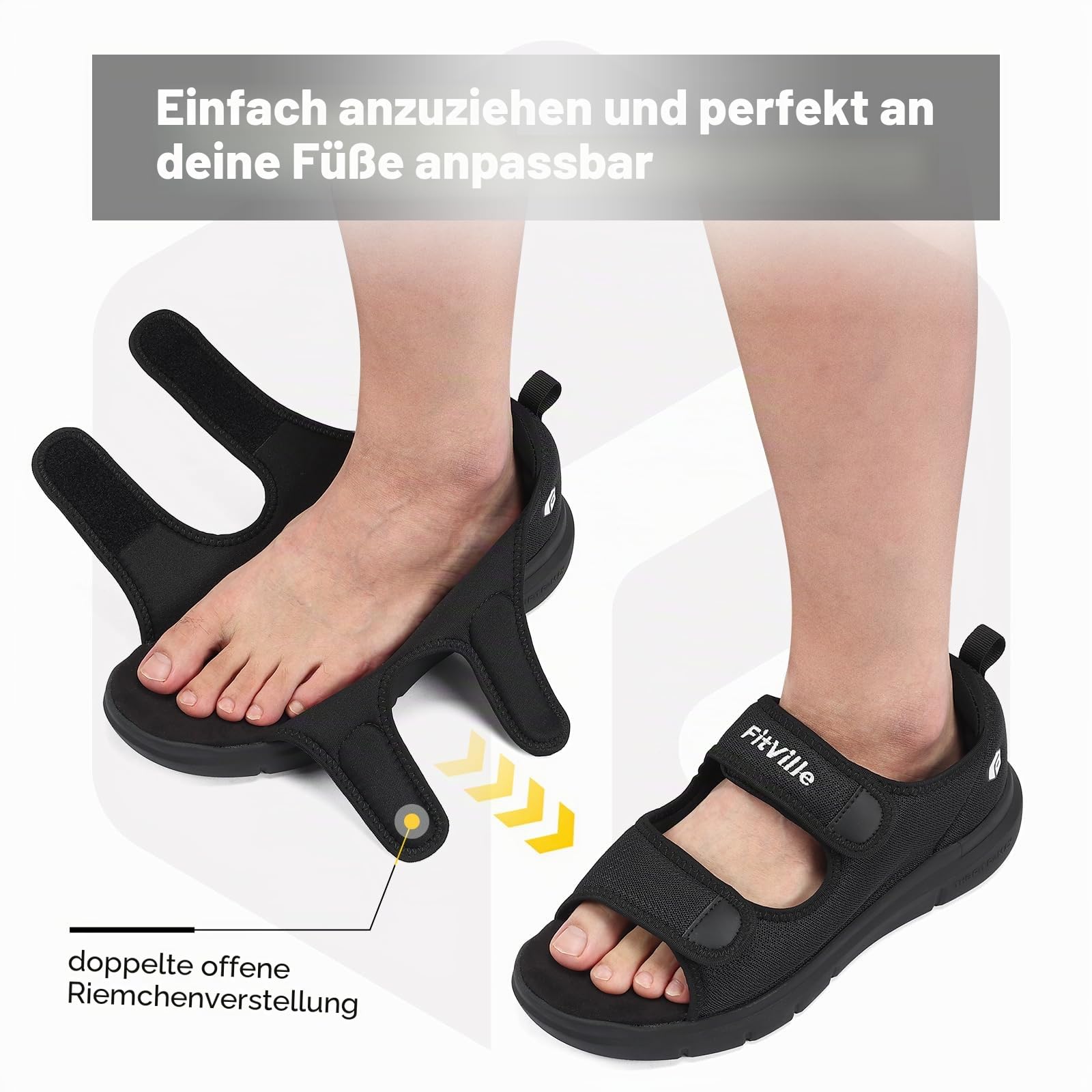 FitVille Weit Offene Diabetiker Sandalen Herren Orthopädische mit Klettverschluss Verstellbare Gesundheitsschuhe Verbandschuhe bei geschwollene Füße Reha-Schuhe Ödeme Hausschuhe