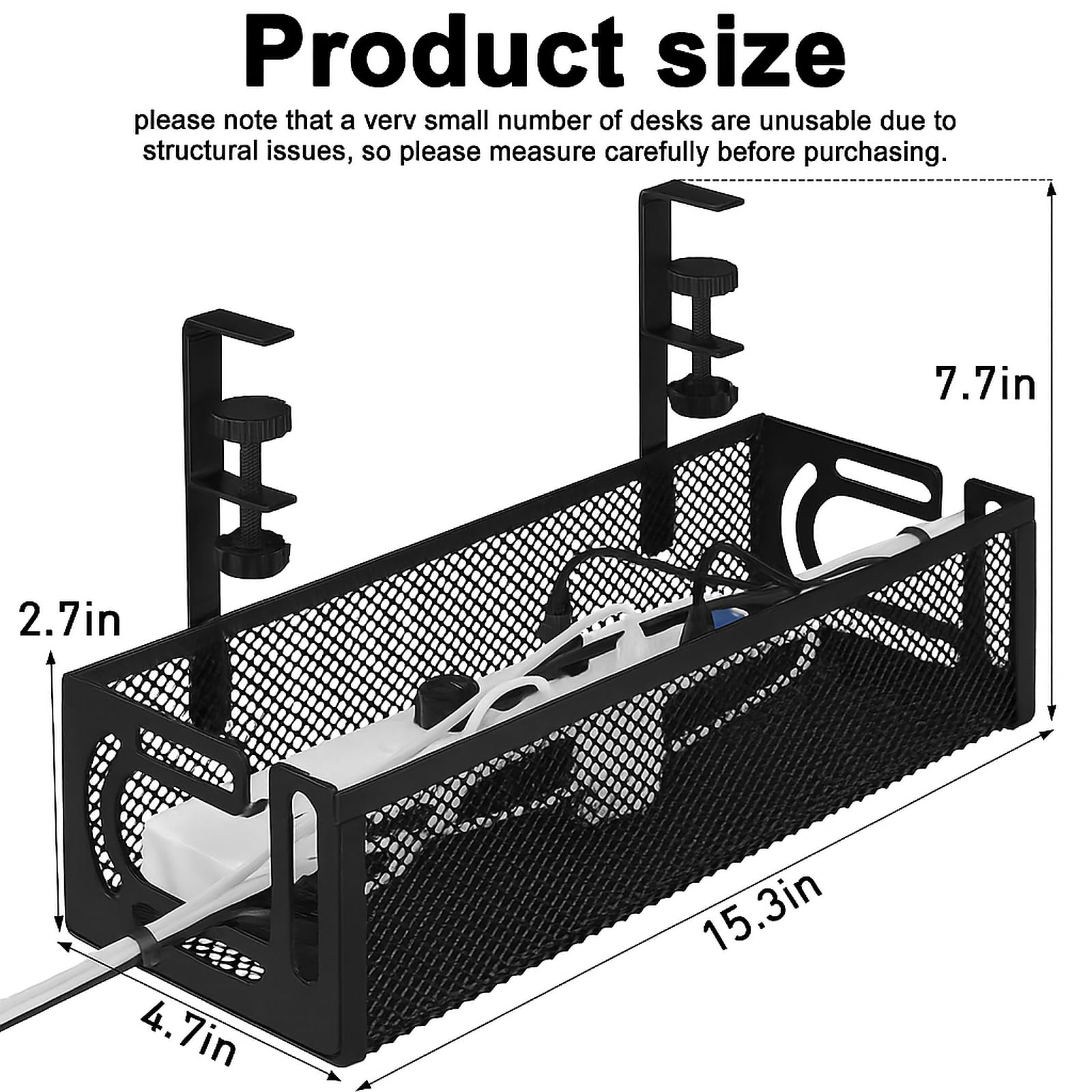 Bandeja de gestión de Cables para Debajo del Escritorio, Organizador de Cables sin Taladro, Bandeja de Cables Ajustable y retráctil, fácil de Instalar, solución de Cables para el hogar u -1 Paquete