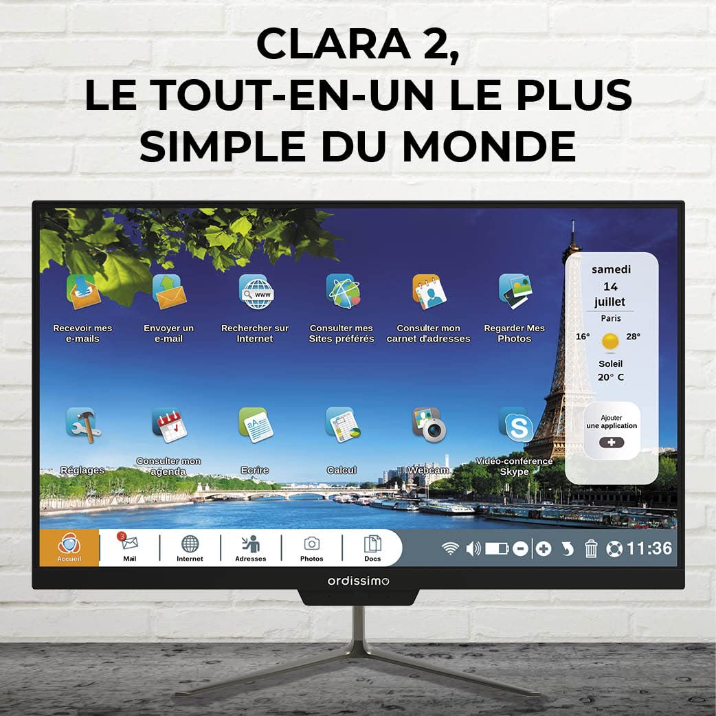ORDISSIMO - Ordinateur de Bureau Tout-En-Un Clara 2 Idéal Senior - Ordi Fixe Facile à Utiliser - Grand Écran Plat - Interface Intuitive, Clavier Simplifié, Souris Sans Fil, Antivirus, Ports USB - Noir
