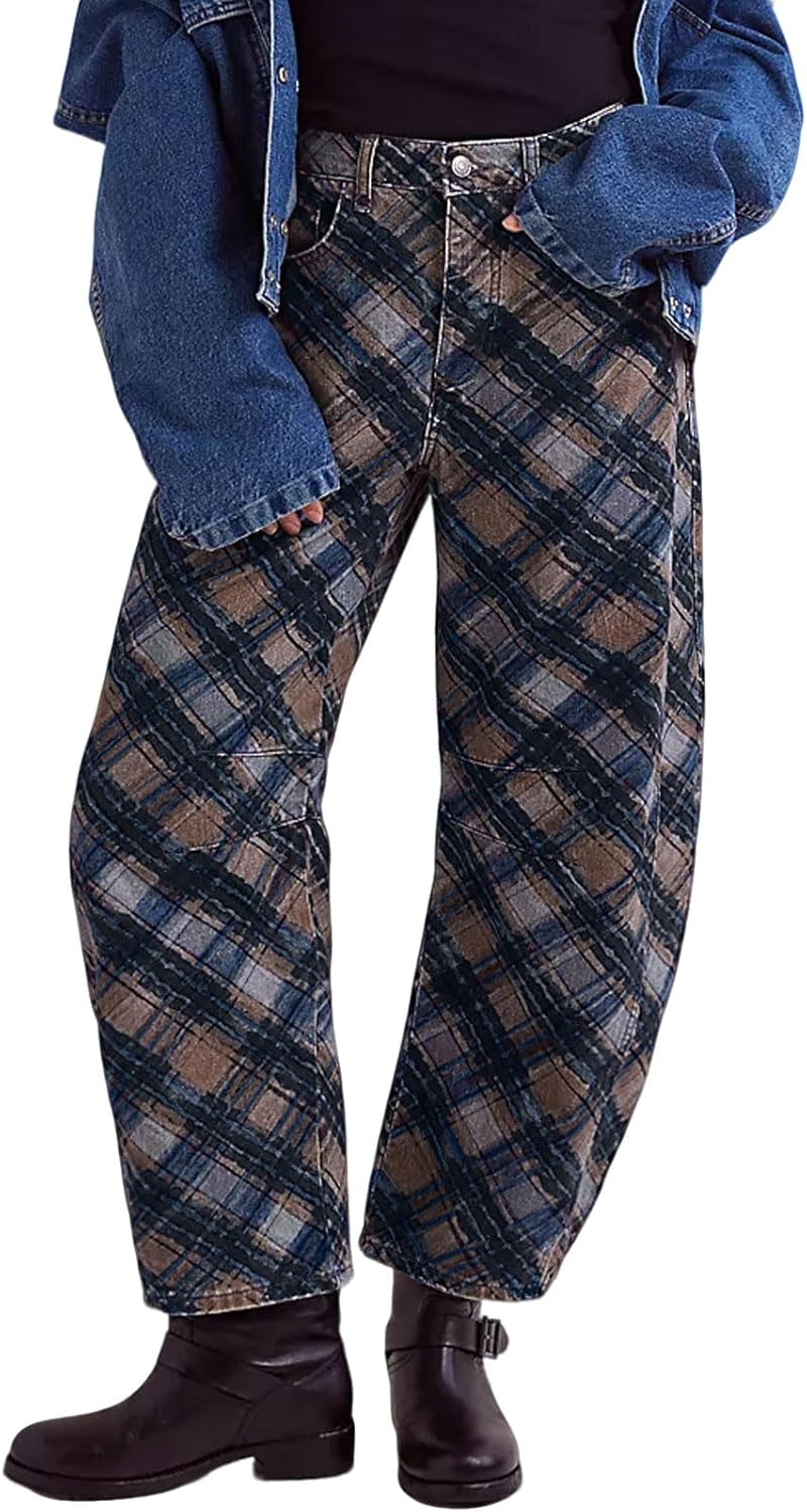 loveimgs Women Boyfriend Baggy Barrel Jeans Floral Print Denim Ankle Pants Wide Leg Mid Rise Jeans Sweatpants Y2k Patchwork