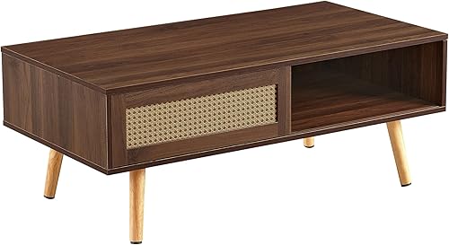 Miniatura 66 de IANIYA Mesa de centro bohemia con almacenamiento, mesa de comedor con cajón de ratán y patas de madera maciza, mesas centrales pequeñas para sala de
