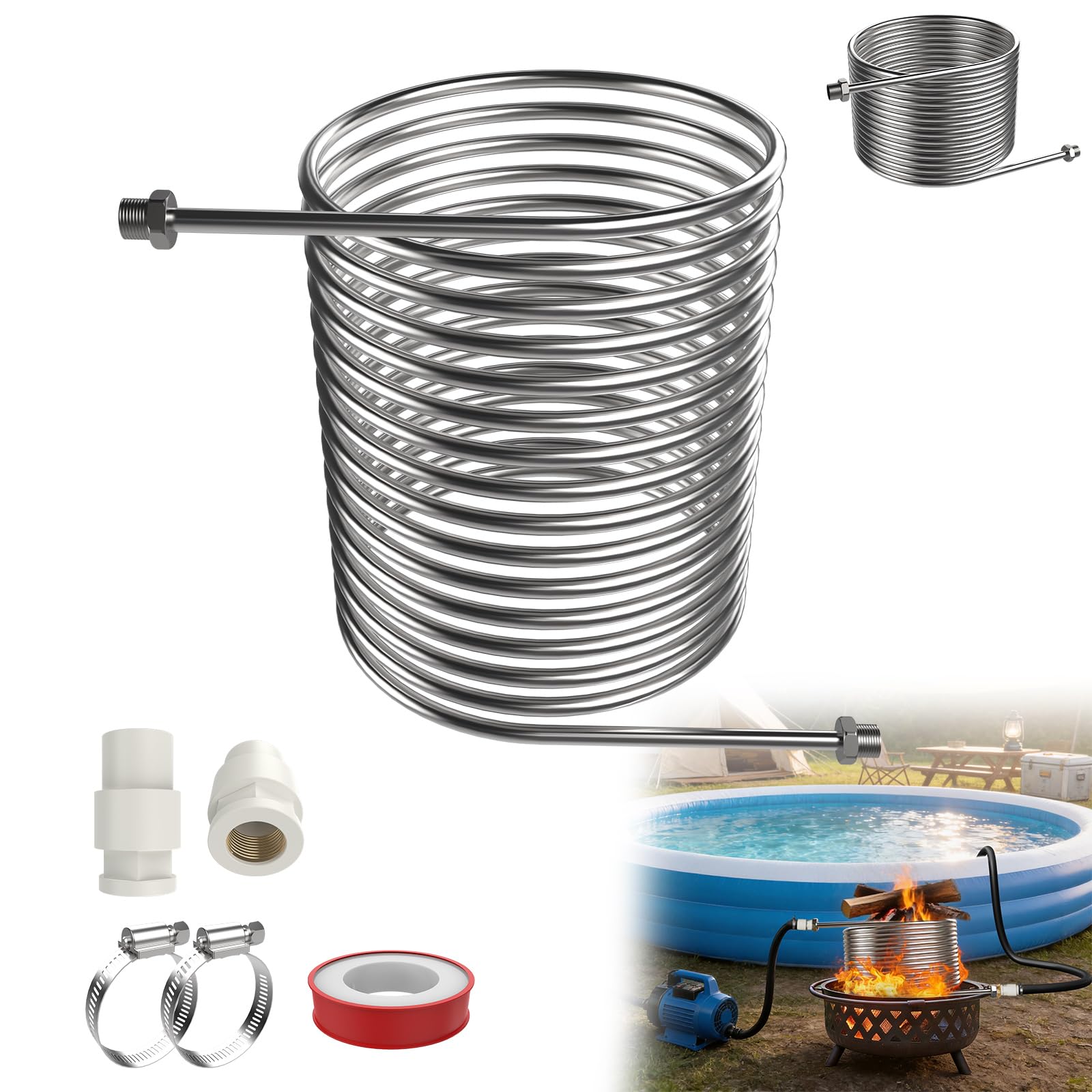 LZQ Spirale riscaldante per piscina in acciaio inox 304, riscaldamento dell'acqua per piscina e esterni, tubo di riscaldamento, a spirale, per riscaldamento fai da te, senza corrente, diametro esterno