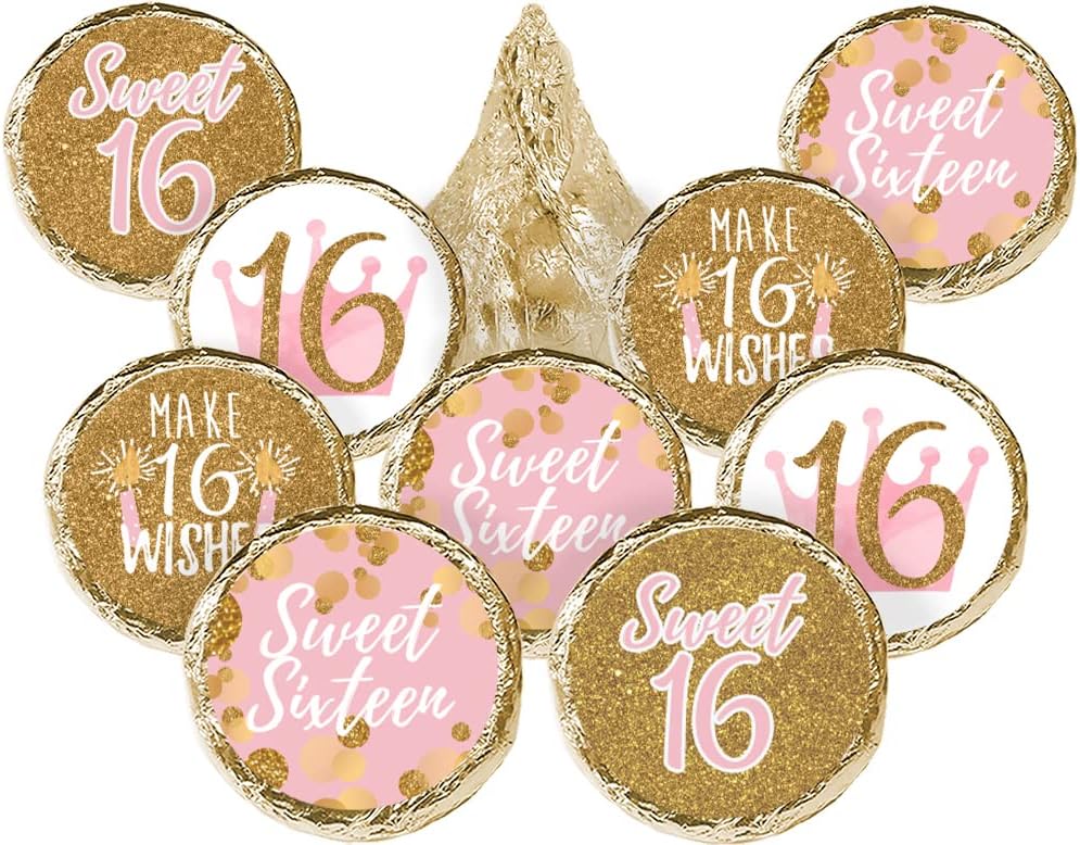Pink and Gold Sweet Sixteen Kisses Candy Stickers - 16th Birthday Party Favor Stickers - 180 Labels