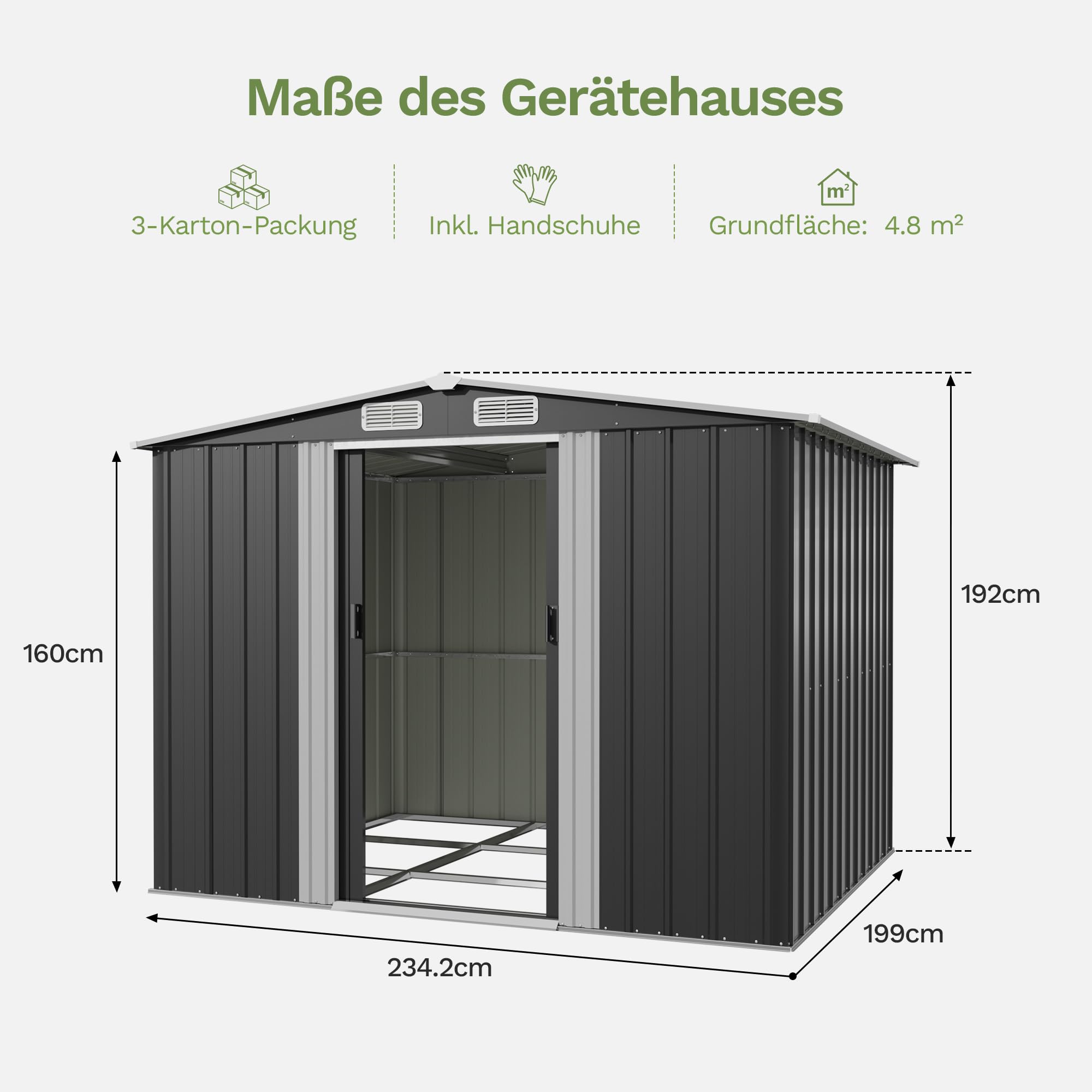 Devoko Gerätehaus Metall Groß, 234 x 200 x 192 cm, 8.9 m³ Geräteschuppen mit Fundament, Schiebtür und Pultdach, Inkl. Handschuhe, Gartenschuppen für Rasenmäher Fahrräder, Anthrazit