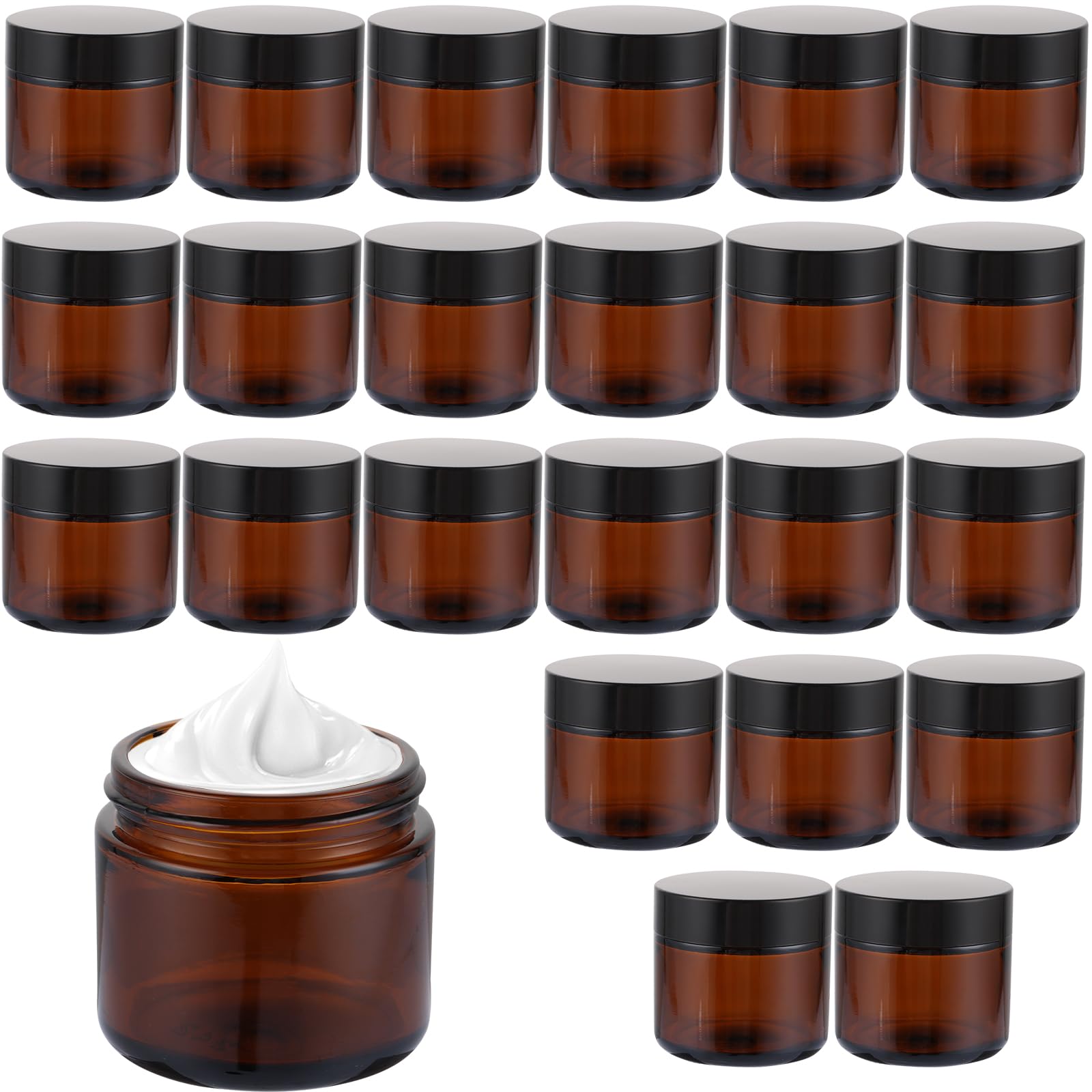 Lot de 25 pots en verre ambré - 60 ml - Pot à pommade à remplir - Avec couvercles noirs et couvercles intérieurs - Pour cosmétiques, lotions, crèmes, mini bougies