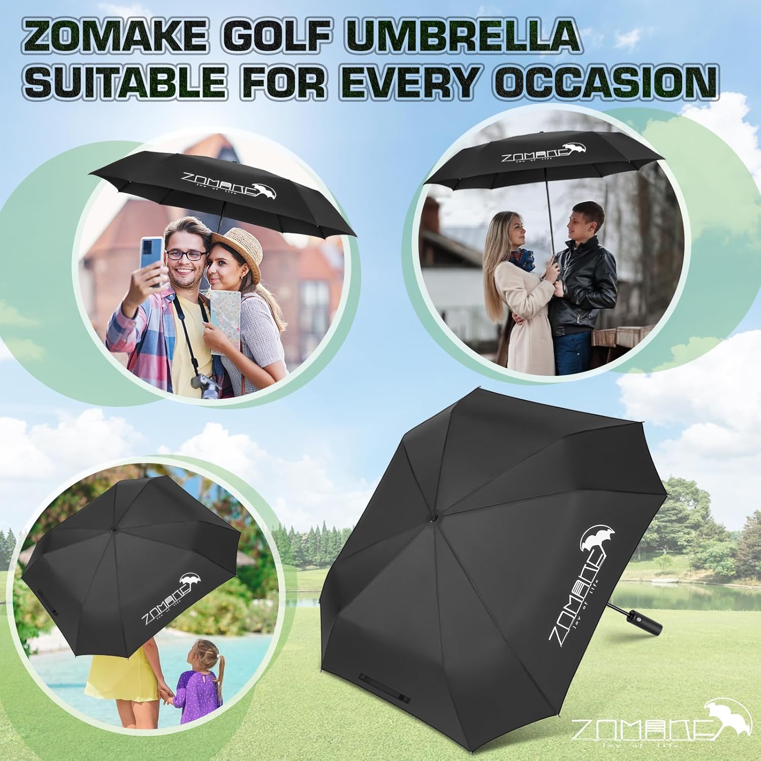 ZOMAKE Compact Large Umbrella 54 Inch, Foldable Automatic Large Travel Golf Umbrellas for Rain Windproof Collapsible For Men Women(Black)