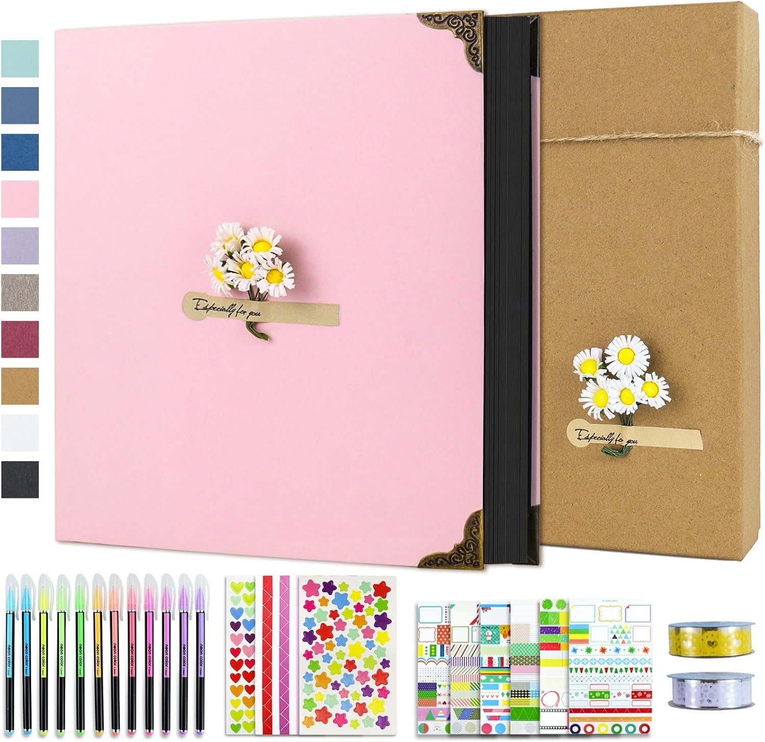 Vienrose DIY Scrapbook Photo Album Kit with Pens Tapes and Stickers 60 Pages Hardcover 12x12 Inches 3 Rings Removable Black Paper Scrapbooking for Lover Friends Kids Wedding Pink