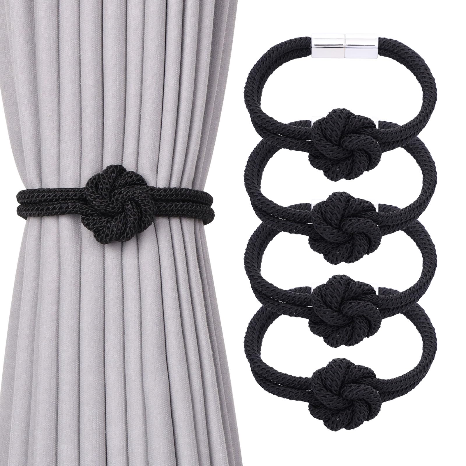 Pretty Jolly 4 Pack Cute Flower Knot Magnetic Curtain Tiebacks Nordic Style Drape Tie Backs Elegant Hand Weave Rope Decorative Curtain Holdbacks for Home & Office Window Drapery (Black)