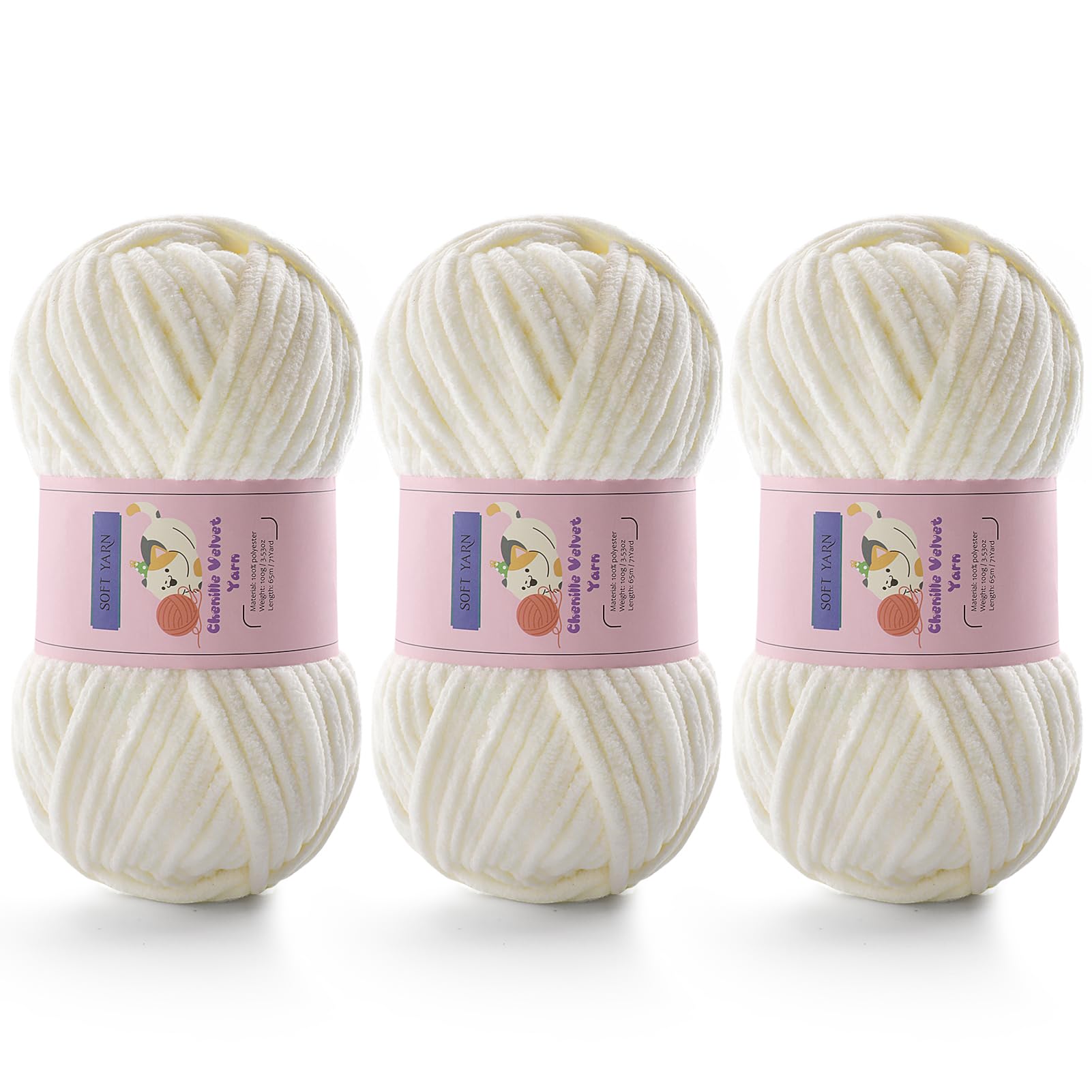 Chunky Chenille Yarn for Crocheting, #6 White Baby Blanket Yarn for Crochet