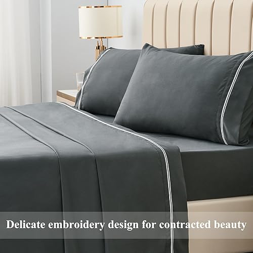 Miniatura 7 de Aisbo Juego de sábanas tamaño King, color gris oscuro, juego de sábanas bordadas de 4 piezas para hotel de lujo con bolsillo profundo de fácil