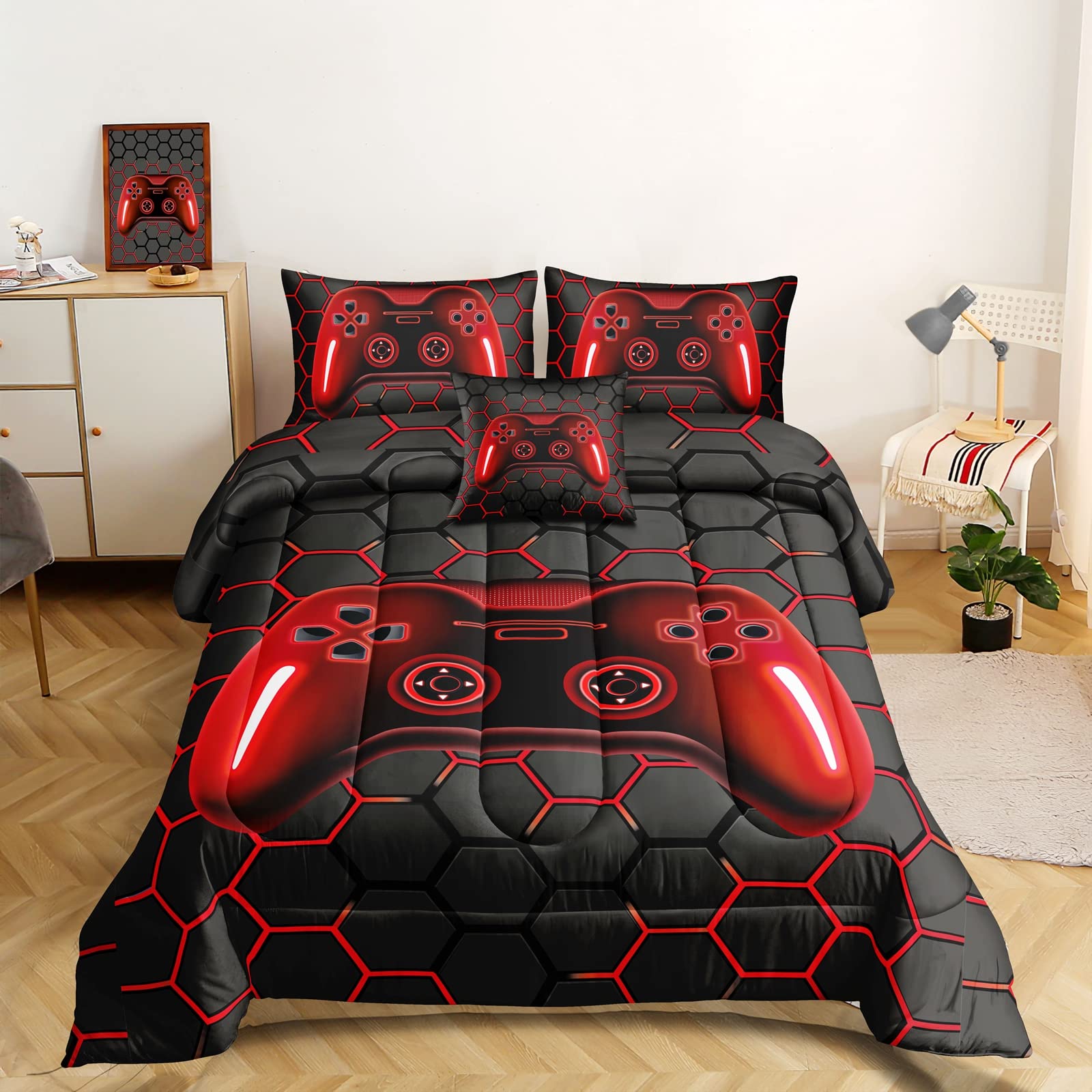 ROWADALO 6 Pieces Bed in A Bag Gamer Bedding Set for Boys Kids Adult Gaming Comforters Set,Boys Bed in A Bag Set Queen Size Comforter with Fitted