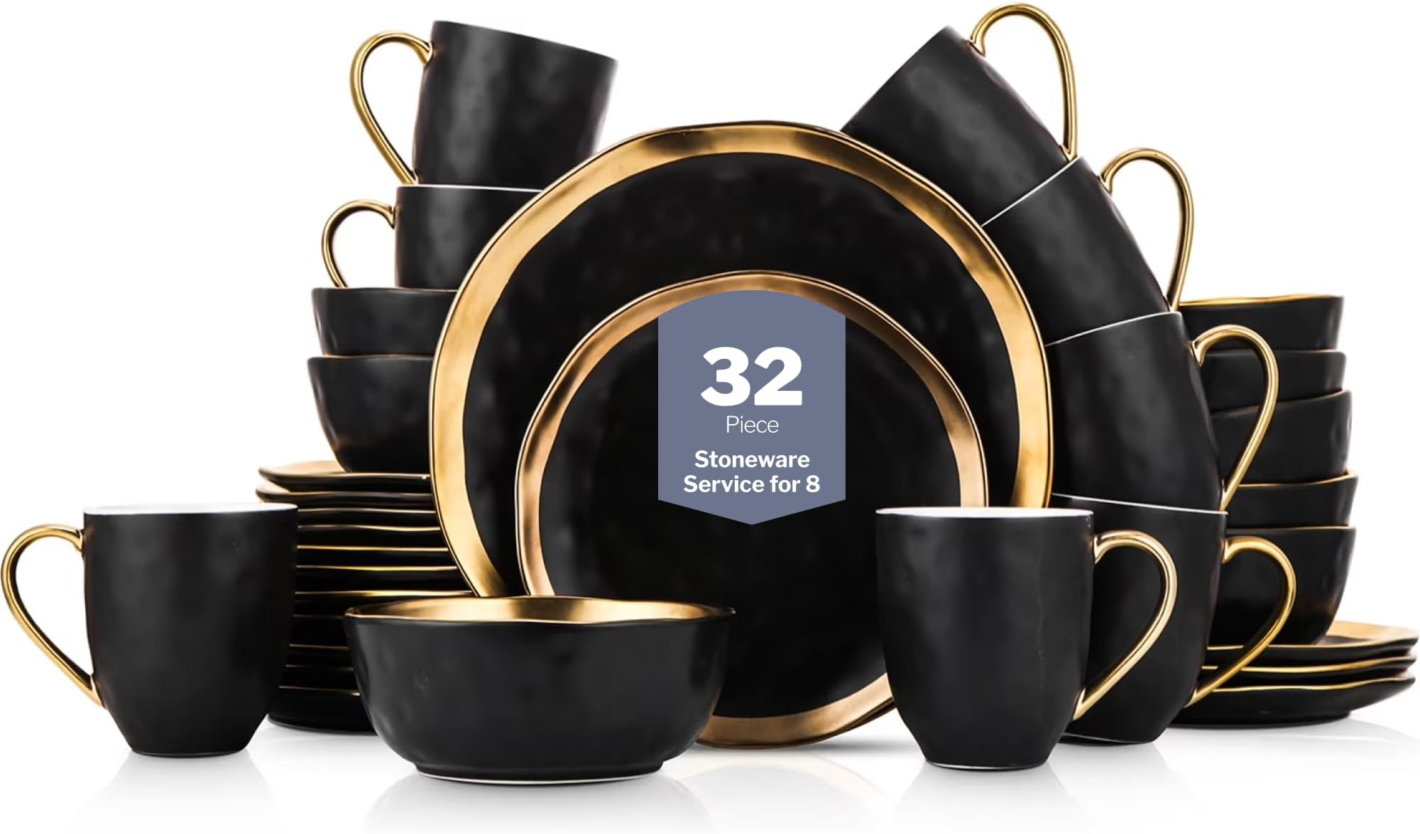 Florian Modern Porcelain Dish Set, 32-Piece Dishes for 8, Gold and Black