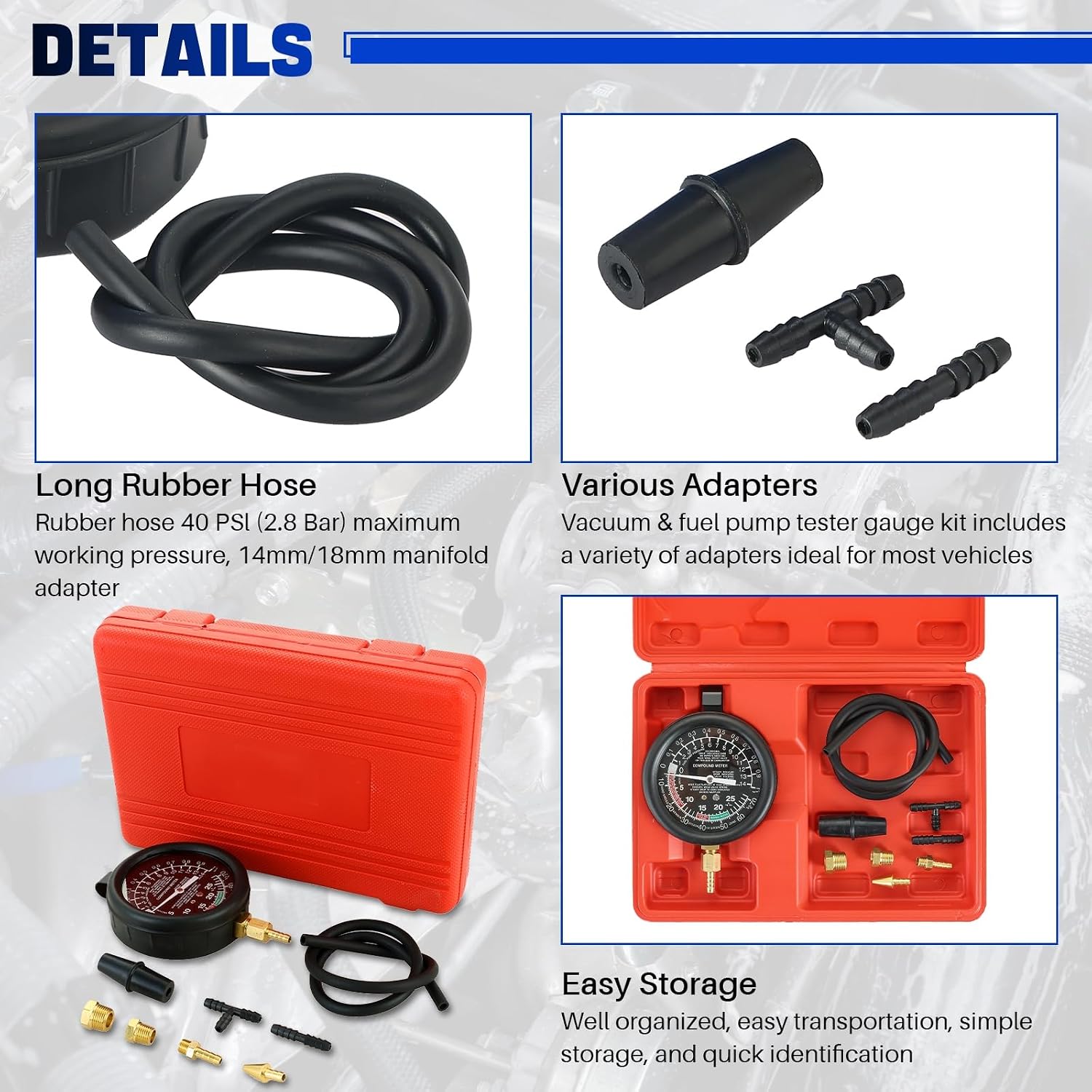 DASBET Vacuum and Fuel Pump Tester Gauge Kit | Fuel Pump and Vacuum Tester Gauge, Gauge Leak Carburetor Pressure Diagnostics Leakage Tool Kit