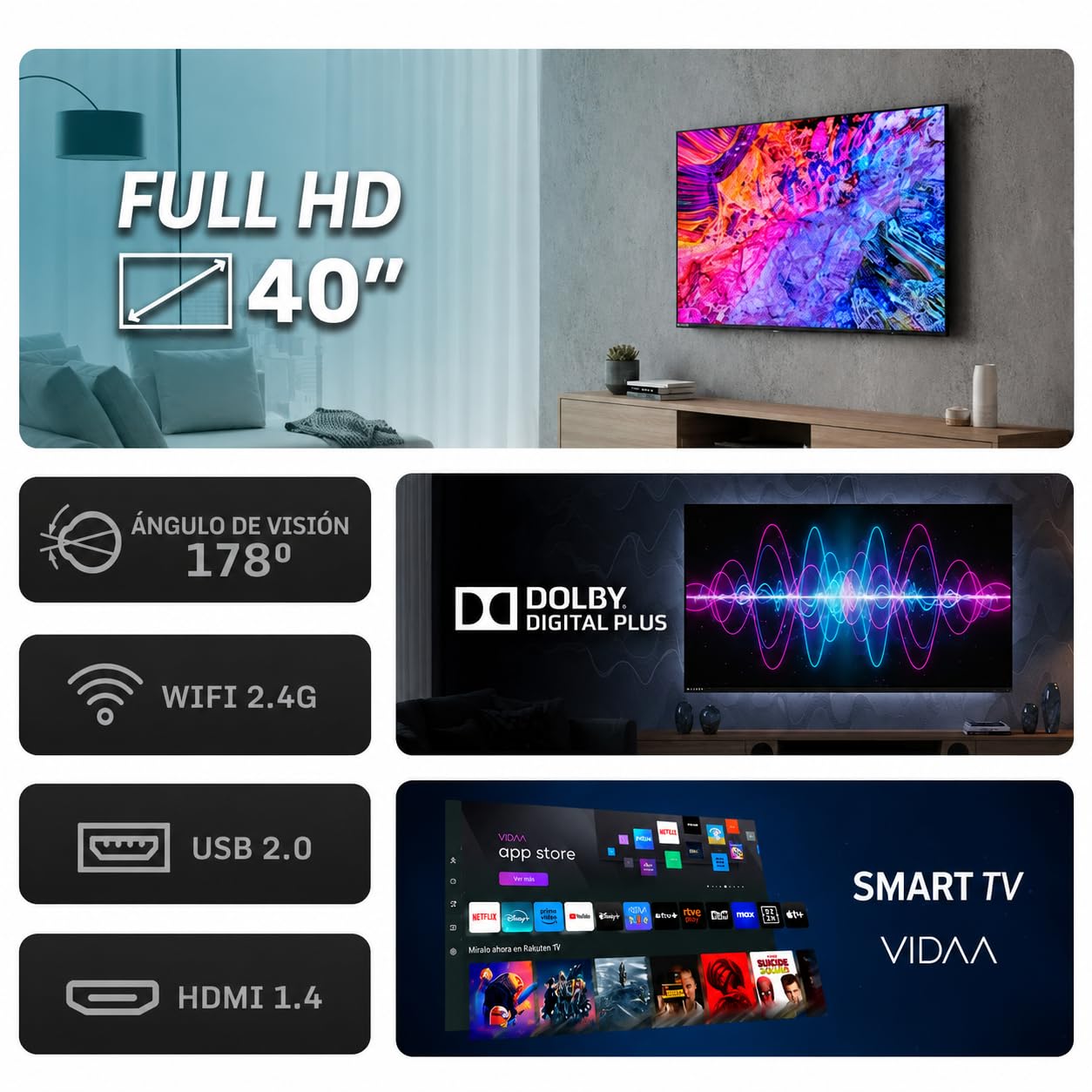 Nilait Prisma 40 Zoll Smart TV Full HD LED, VIDAA, HDR, WLAN, Sprachsteuerung, USB HDMI, Slim Design, 40" Fernseher [Energieeffizienzklasse E]