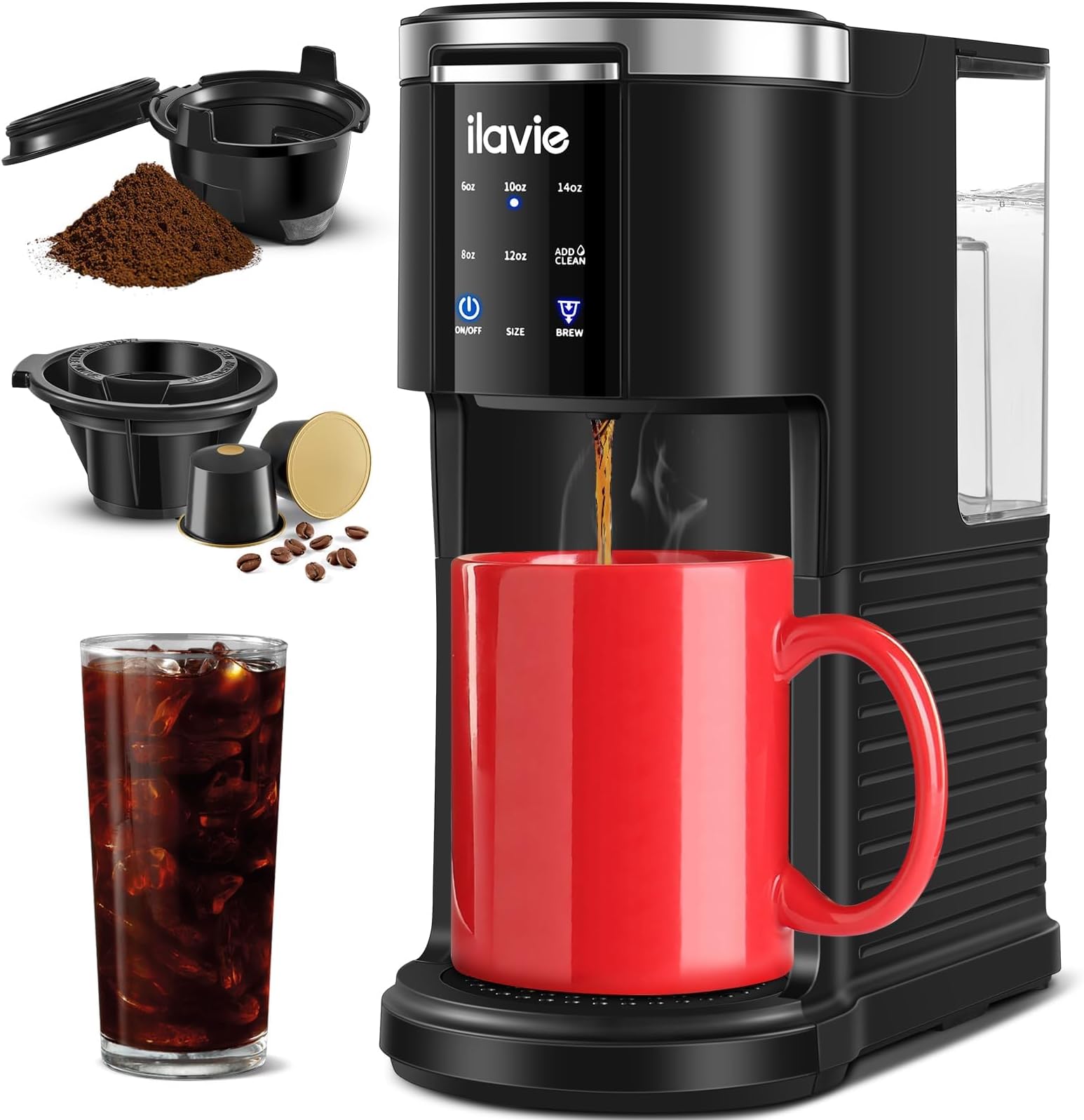 Single Serve Coffee Maker for K Cup and Ground Coffee, Single Cup Coffee Maker with 40oz Removable Reservoir for 6 to 14oz Brew Sizes, K Cup Coffee Maker with Self-cleaning Function, Black