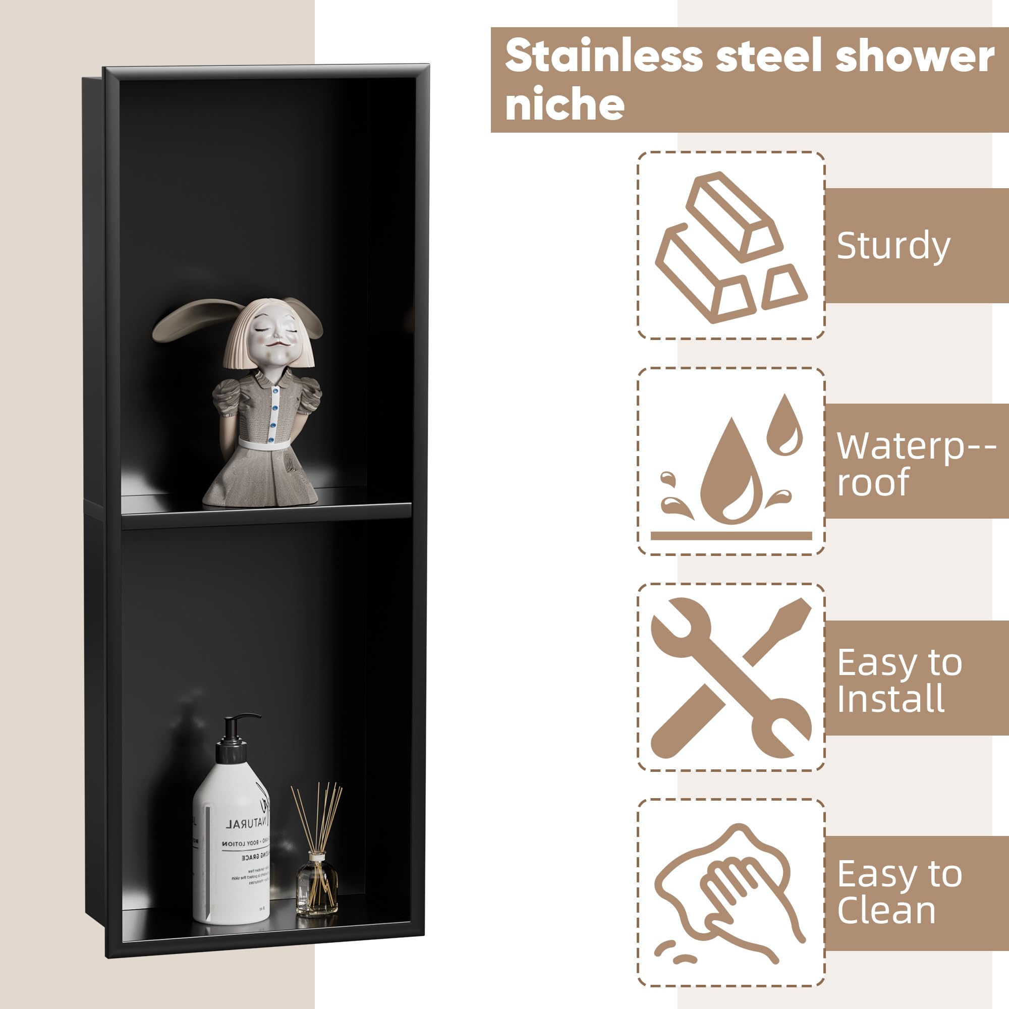 bimiti Nicho de pared de baño, negro, de acero inoxidable, organizador de doble estante de 70 x 28 x 12,5 cm, estante negro, almacenamiento de ducha para baño, cocina (1, doble capa)