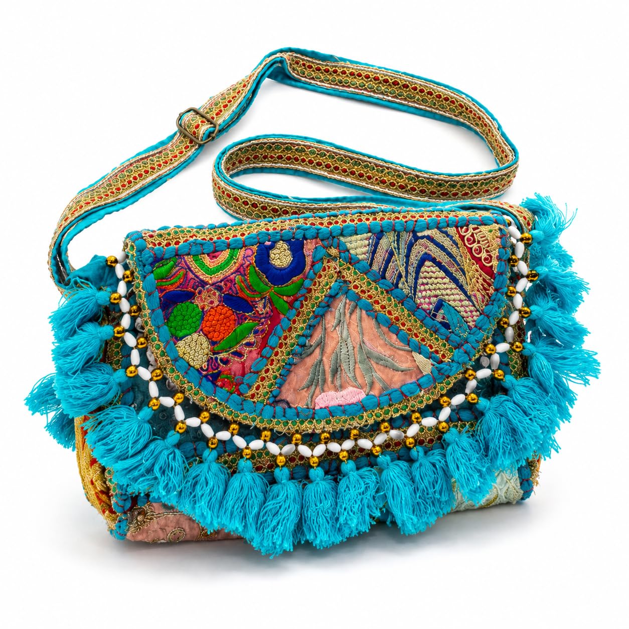 Handmade Boho Sling Bag for Women | Embroidered Crossbody Shoulder Bag | Ethnic Banjara Handbag with Tassels, Shell Work & Patchwork Design | Small Travel Purse (Sea Blue)-picture-12