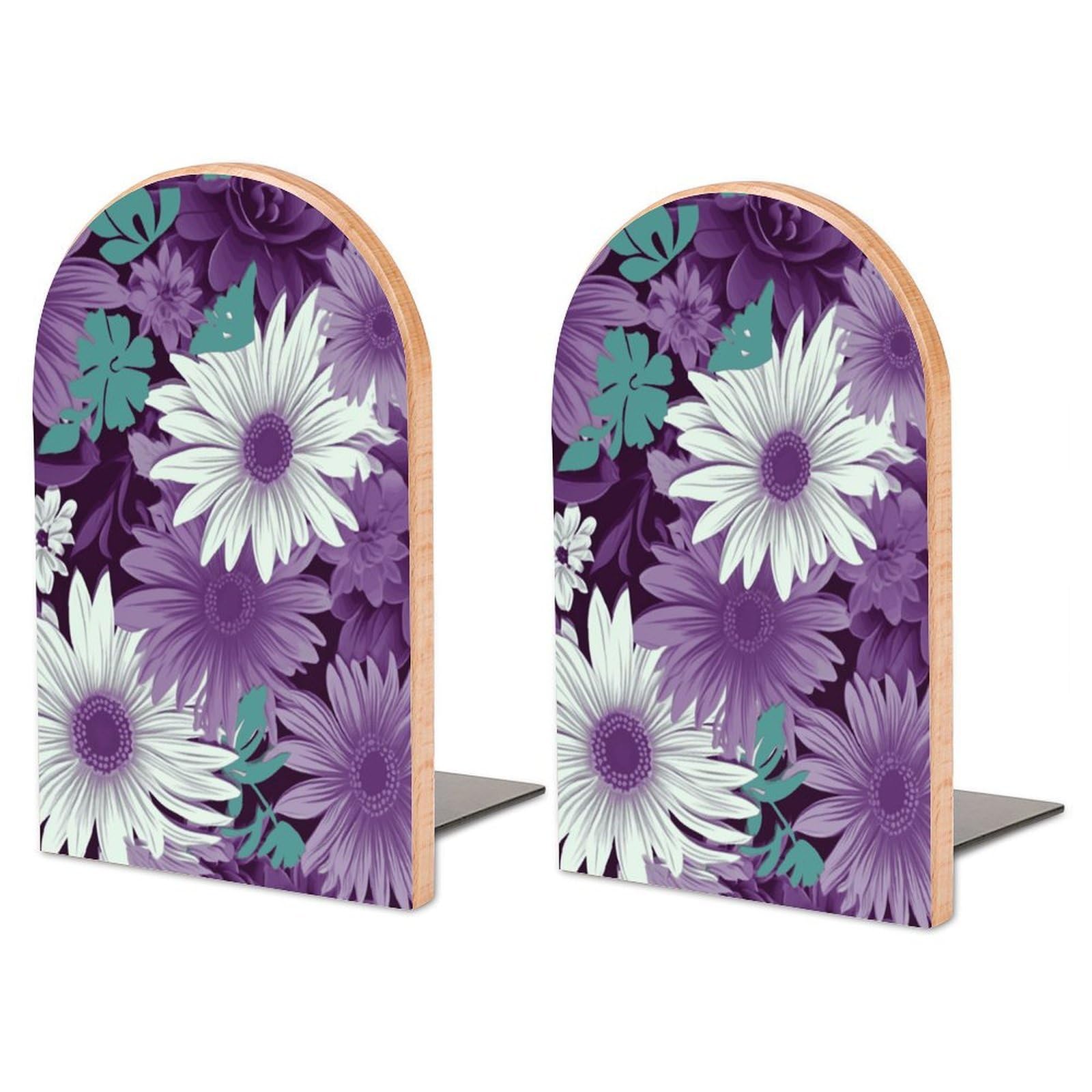 Serre-livres en bois violet imprimé floral, support lourd de qualité pour étagères de bureau