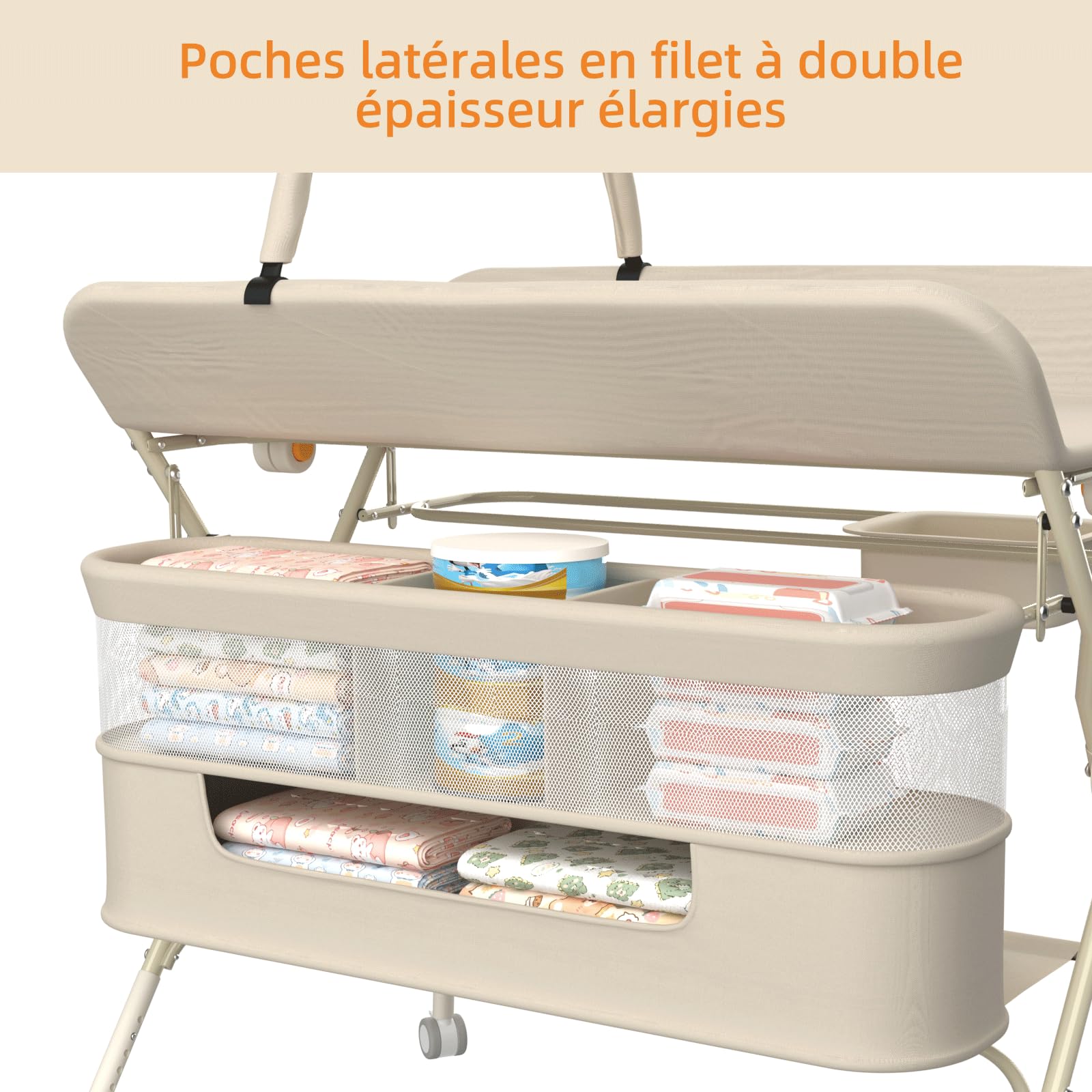 OHMG Table à Langer Pliable, Plan à Langer avec Panier Latéral et roulettes et 3 Jouets,Organiseur de Couches 5 Réglable en Hauteur, Rangement Multifonction pour Chambres d'enfant，75x68x83-91cm