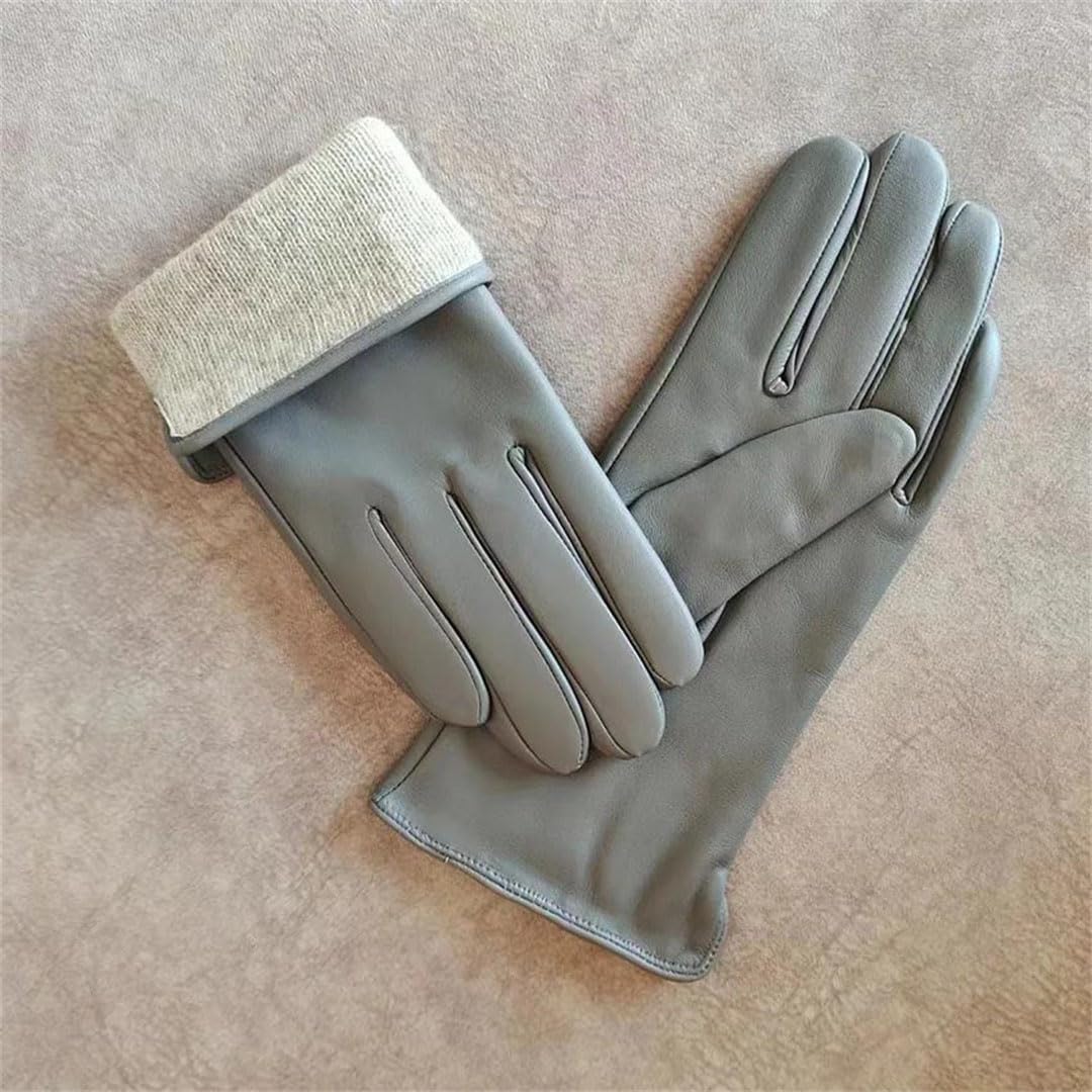 Damen-Handschuhe aus Schaffell, Leder, gerader Stil, Wollfutter, Winter, warm, Motorradfahren, Autofahren, Fingerhandschuhe, Dunkelgrau, Größe 9 8