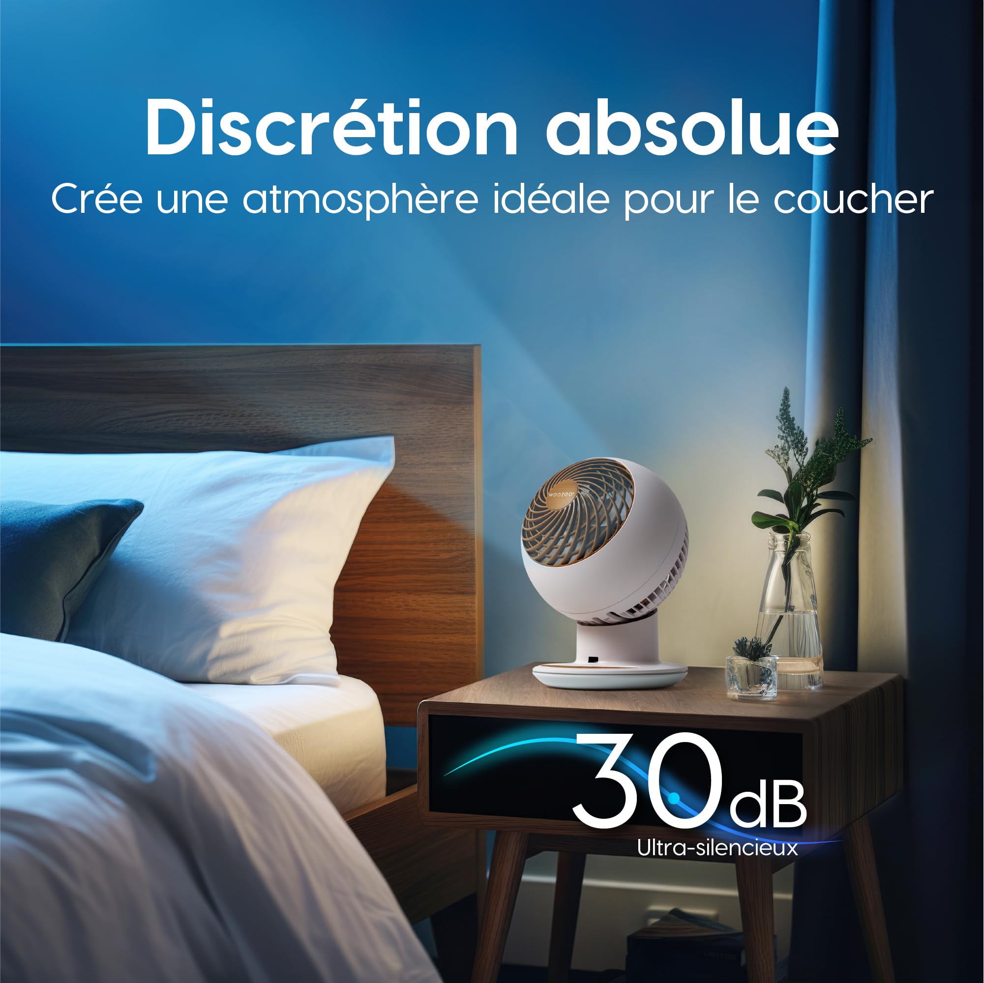 Iris Ohyama Woozoo Ventilateur de Table, Pièce de 30m², Oscillation Multidirectionnelle, Télécommande, Silencieux 30dB, Portable, 5 Vitesses, Minuteur, Fan, Pour Chambre, Bureau, Blanc-Bois, PCF-SC15T