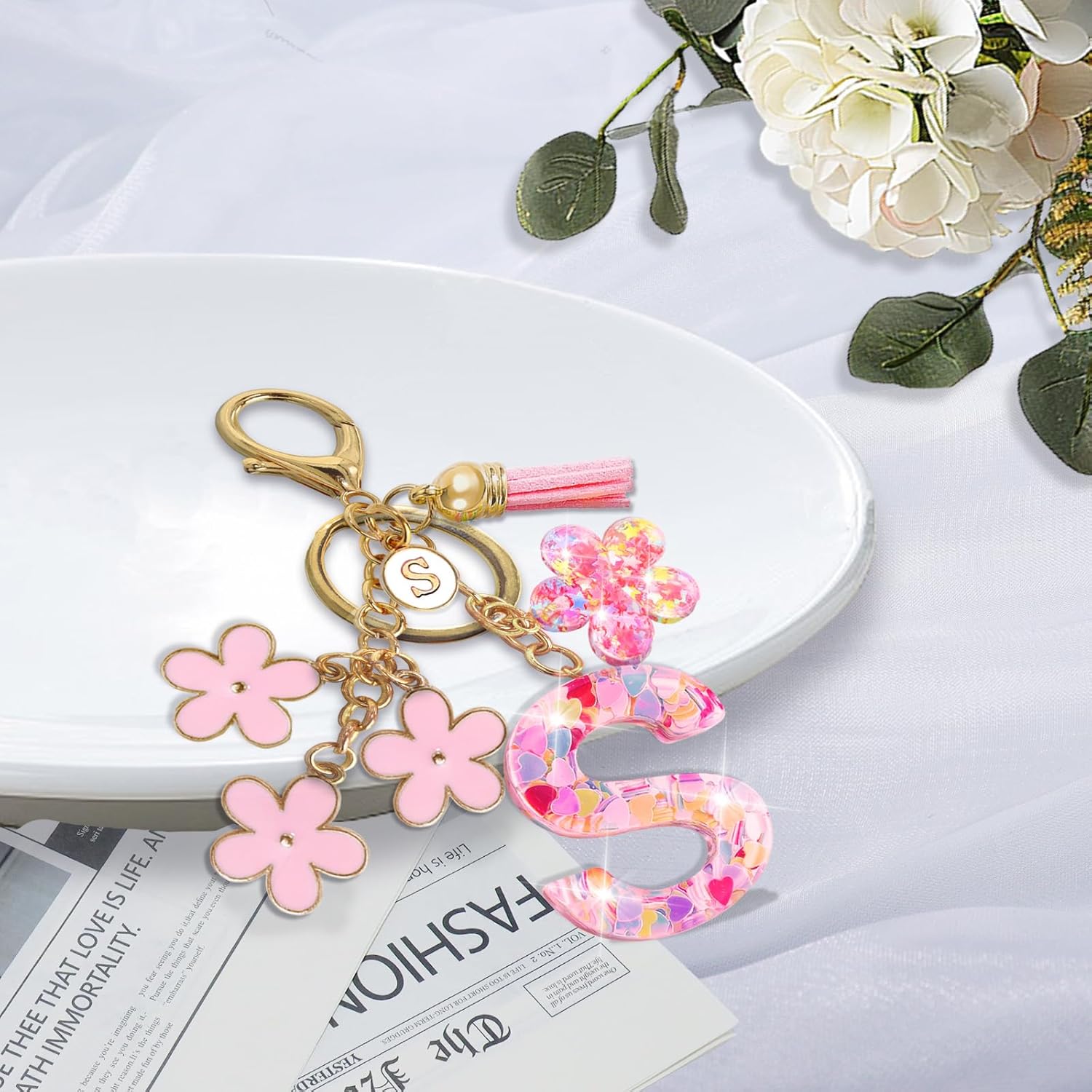 Resin Alphabet Initial Letter Keychain Tassel Flower Pendant Key Ring for Purse Handbag Car Keys - Image 2