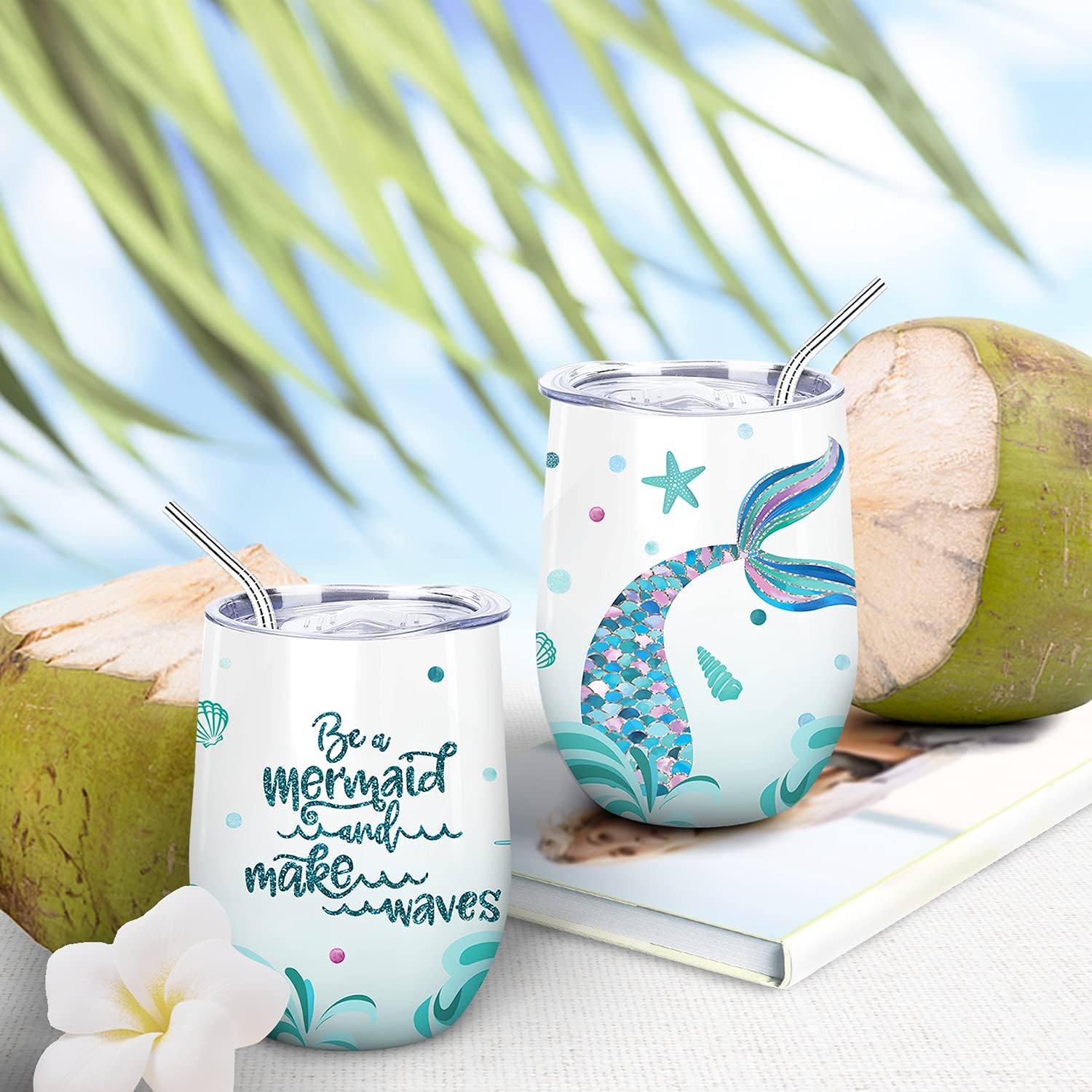 NymphFable 12oz Mermaid Gifts for Girls Wine Tumbler with Straw and Lid Stainless Steel Wine Glass Insulated Double Wall - Image 2