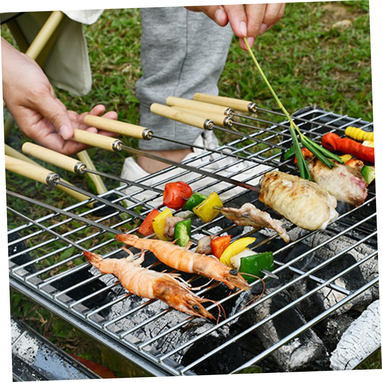 Brochetas Barbacoa De Palitos Inoxidable y Madera Duraderos y Fáciles De Limpiar