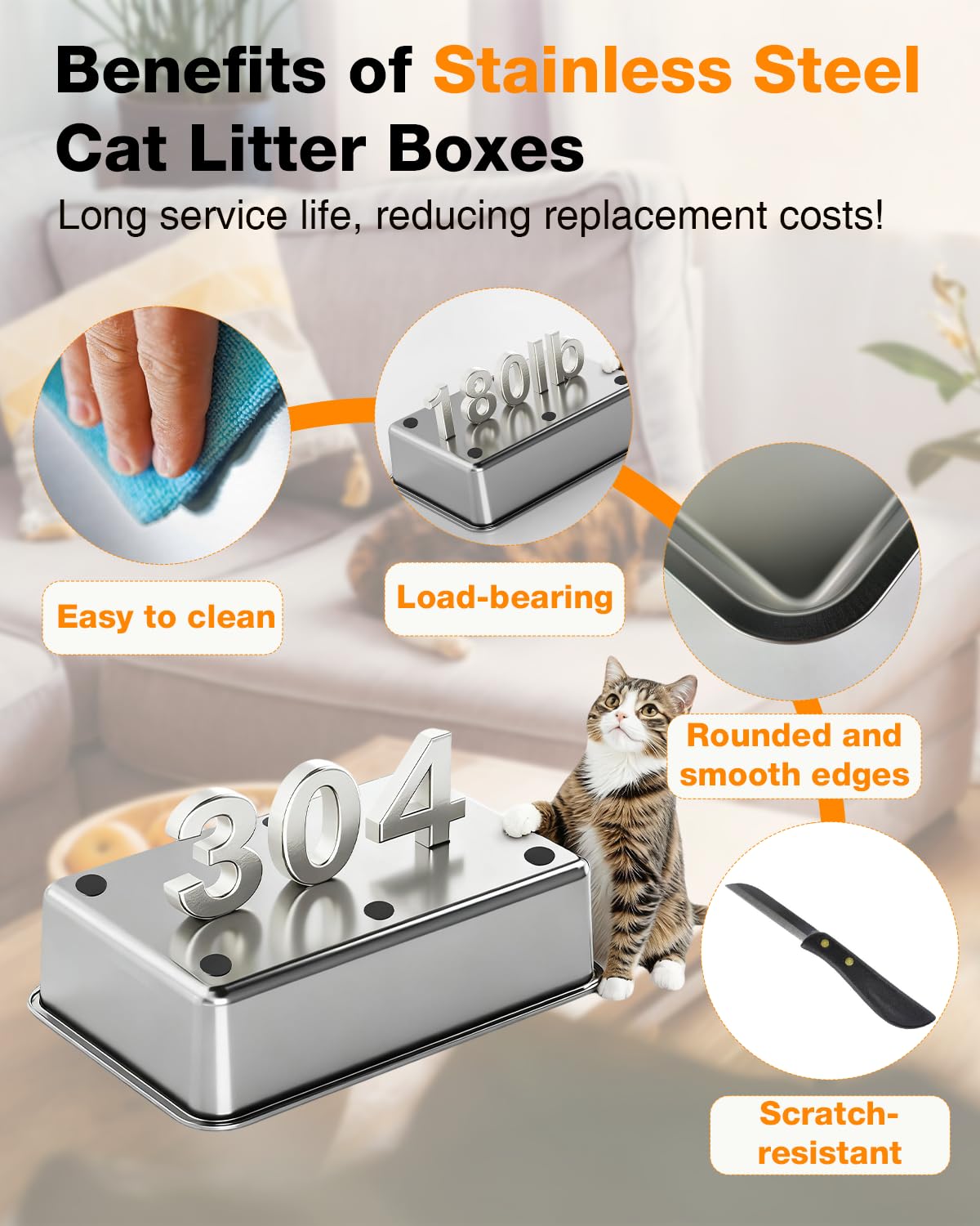 PETUX 2-Pack Stainless Steel Litter Box with Lid - High Sided, Odor-Proof, Anti-Leakage, Non-Stick, Easy to Clean and Extra Large Enclosed Litter Box with Scoop and Non-Slip Mat for Multi-Cats - Grey - image 7