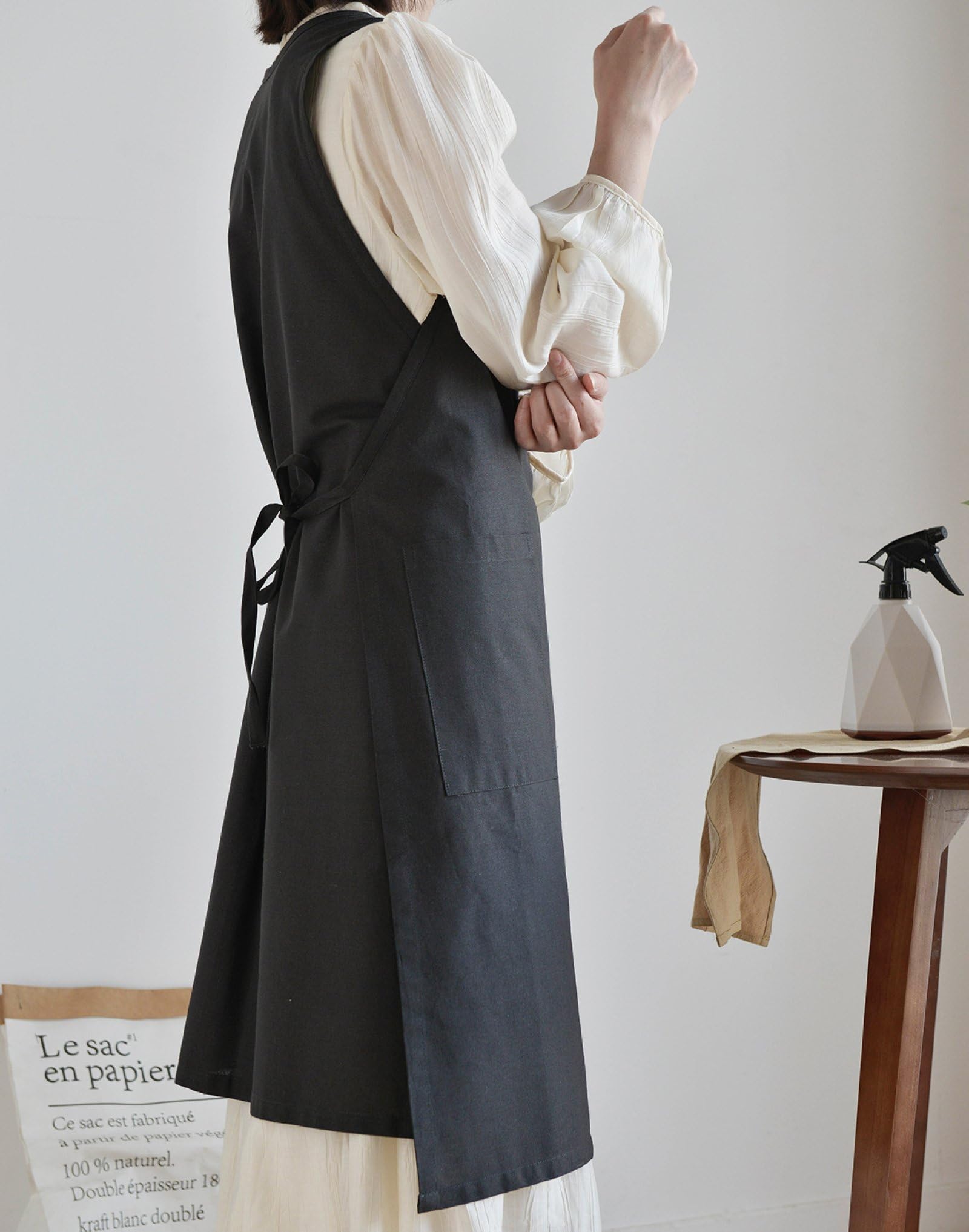 Grembiule In Cotone e Lino Per Donna con Lacci Laterali Scollo Rotondo Casual per Cucinare, Dipingere, Cucinare, Bar