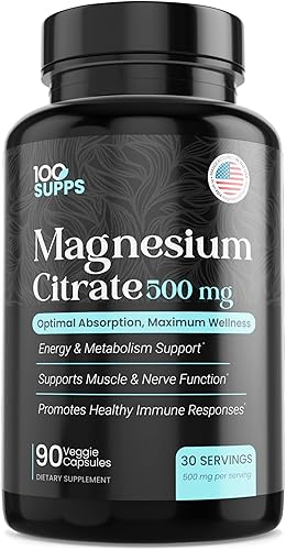Miniatura 1 de Citrato de magnesio 500 mg  90 cápsulas  Suministro para 30 días  Vegano y sin gluten  Fabricado en Estados Unidos
