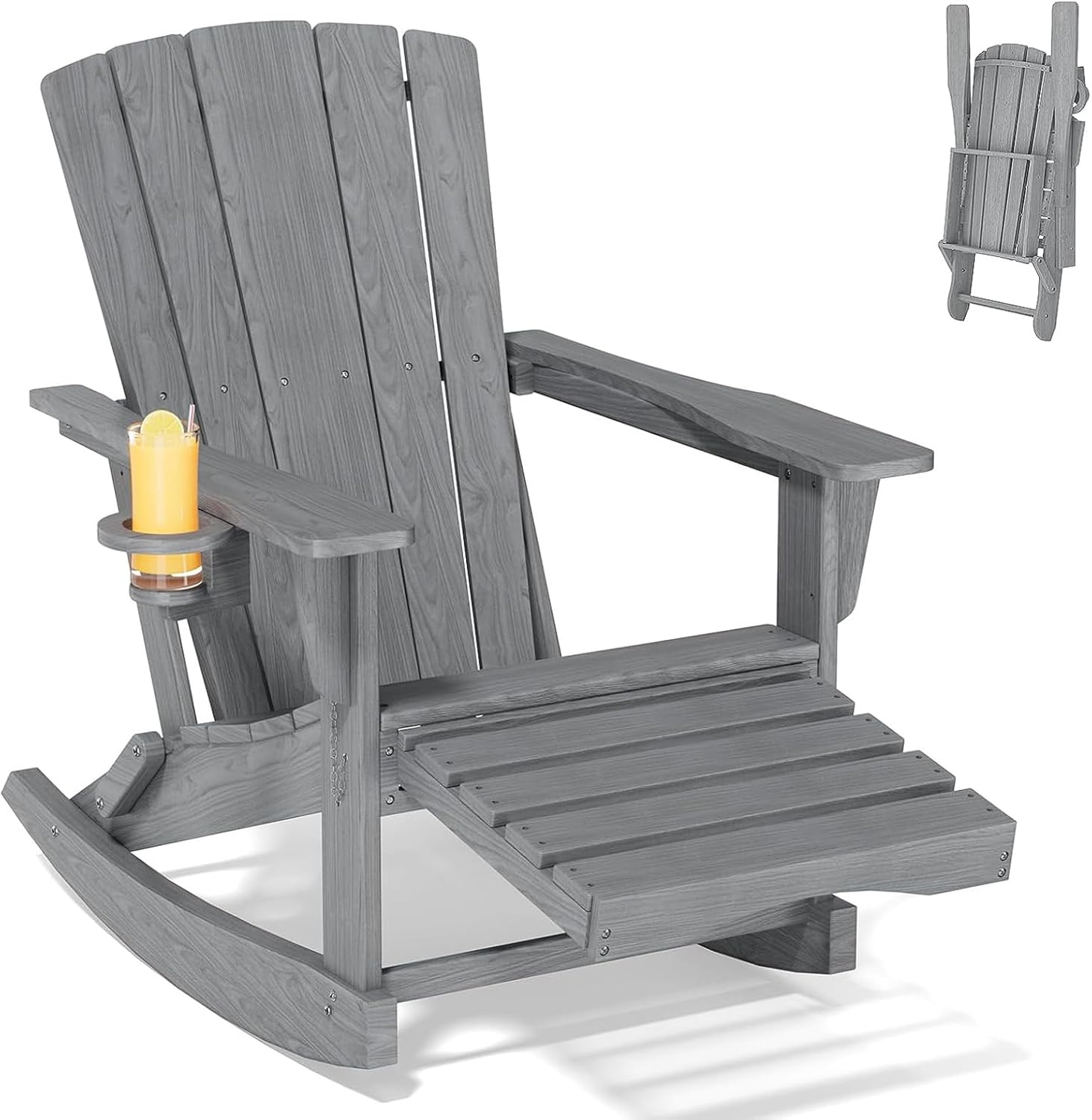 Adirondack Rocking Chair with Retractable Ottoman,Outdoor Folding Adirondack Chair with Cup Holder,HDPE All-Weather Patio Lounge Chair for Porch,Lawn, Poolside, Black