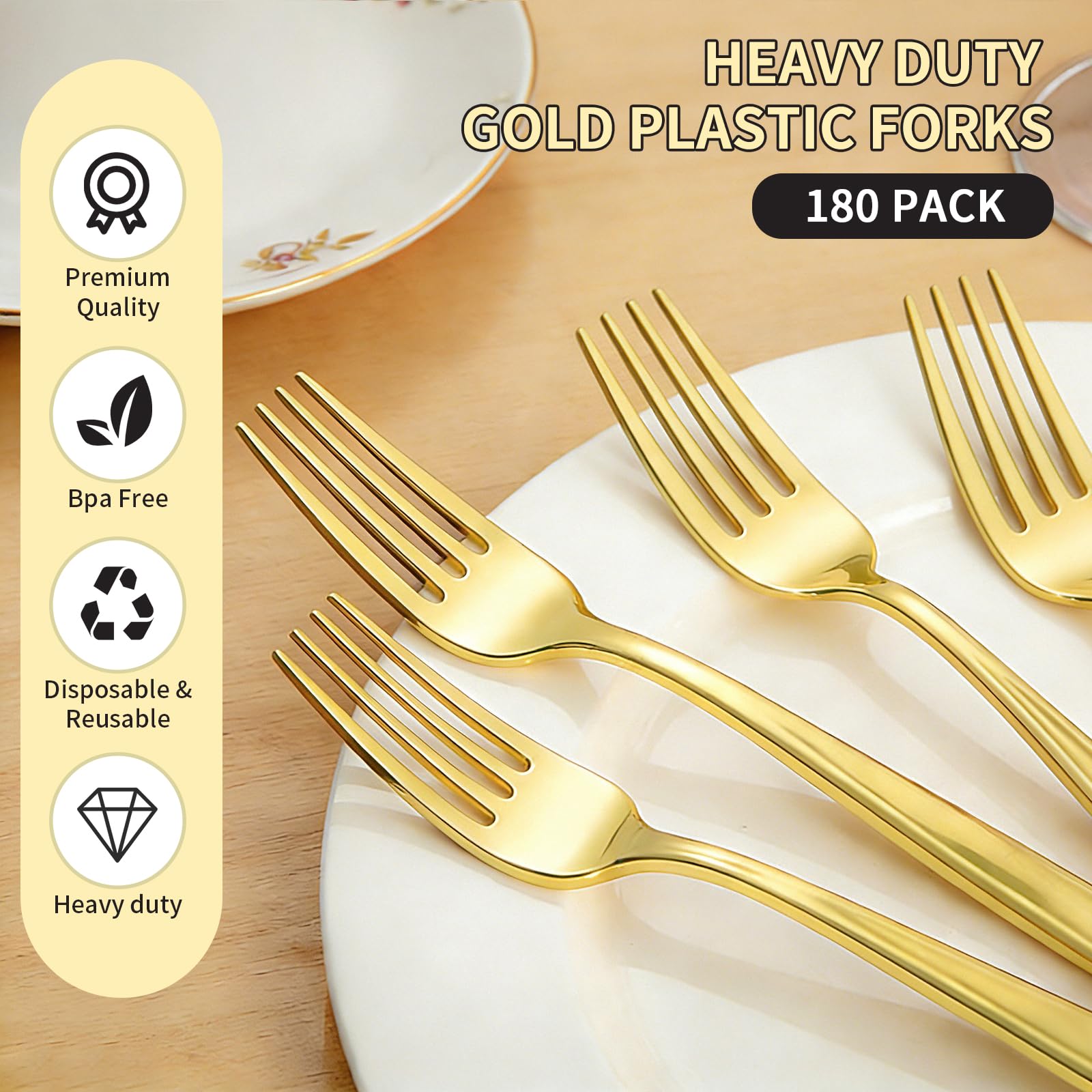 180 Count Gold Plastic Forks Heavy Duty, Disposable Plastic Silverware — Amazon image 3
