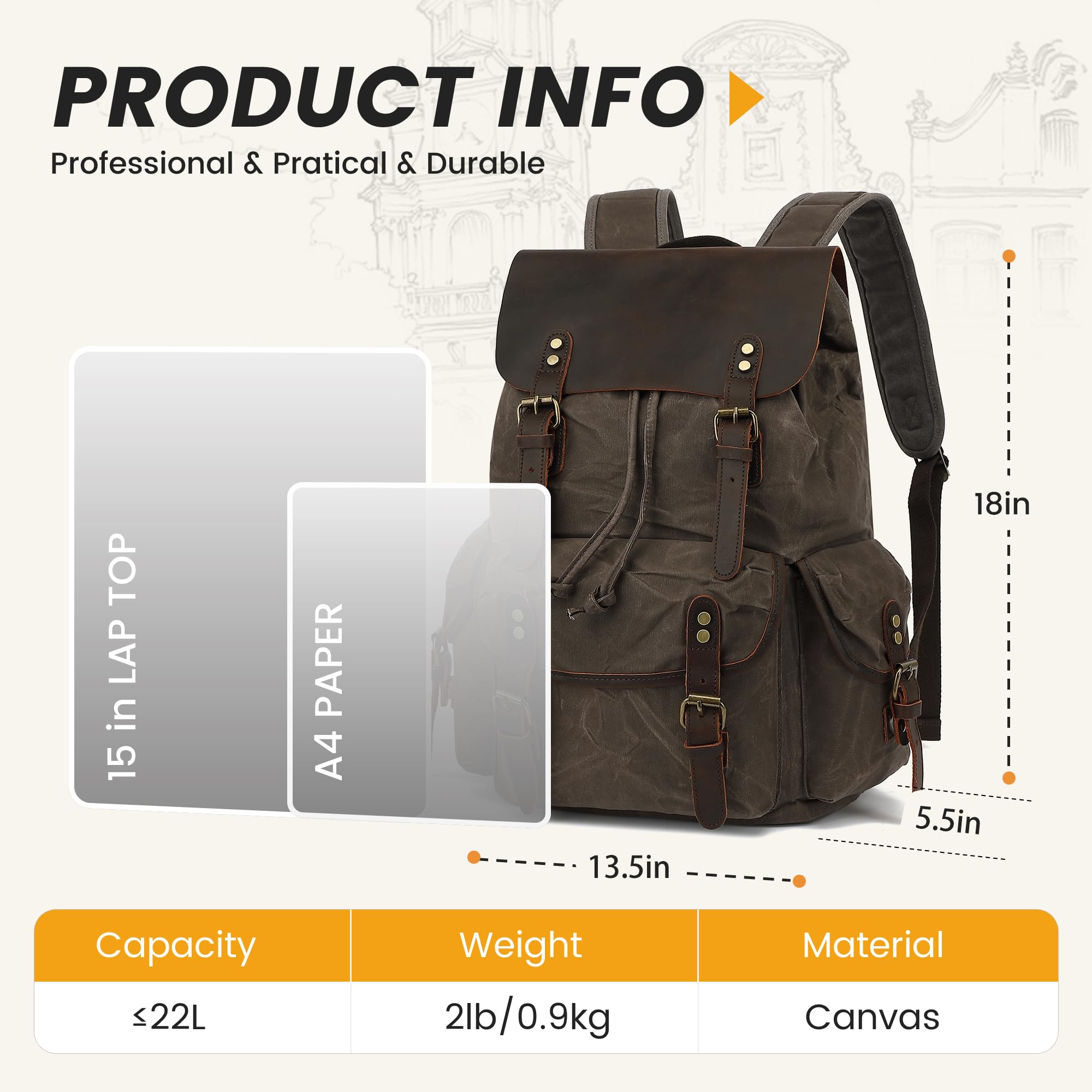 HuaChen Mochila de cuero resistente y lona encerada, mochila de viaje vintage para hombre, gris, L, vintage; retro, estilo militar