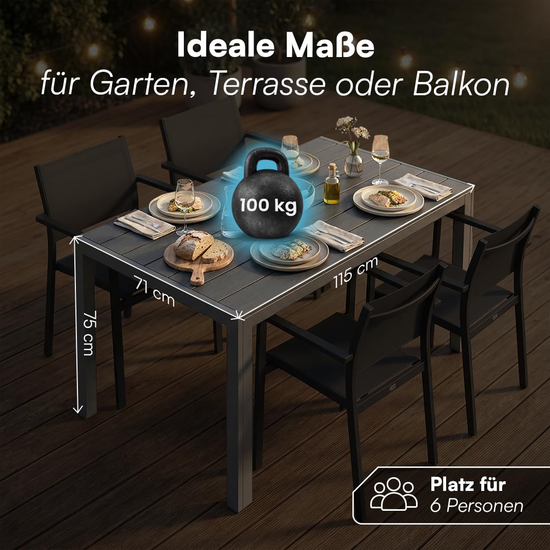 STEELSØN Alaris Gartentisch 115x71 cm – Esstisch Garten für 6 Personen – Balkontisch mit Metallgestell, Schwarz – Outdoor Tisch für Balkon – Terrassentisch mit Kunstholz Tischplatte UV- & wetterfest