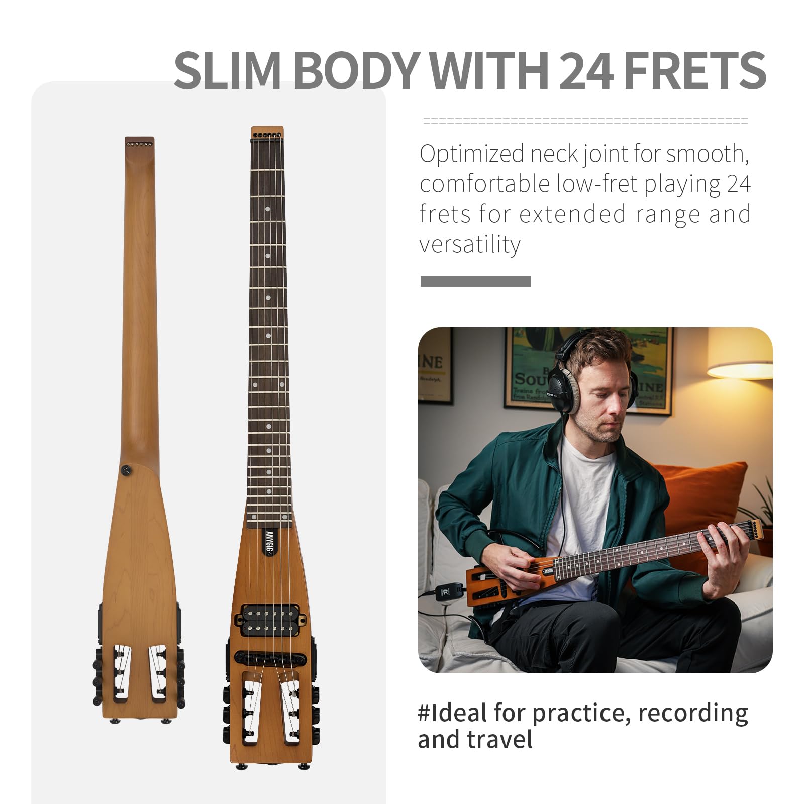 Reise E Gitarre, Kopflose Gitarre – Volle Größe, ultraleicht (wiegt nur 1,8 kg), 100 % Ahorn, digitales Stimmgerät, Gitarrentasche, Ständer, geeignet für Linkshänder und Rechtshänder, Braun