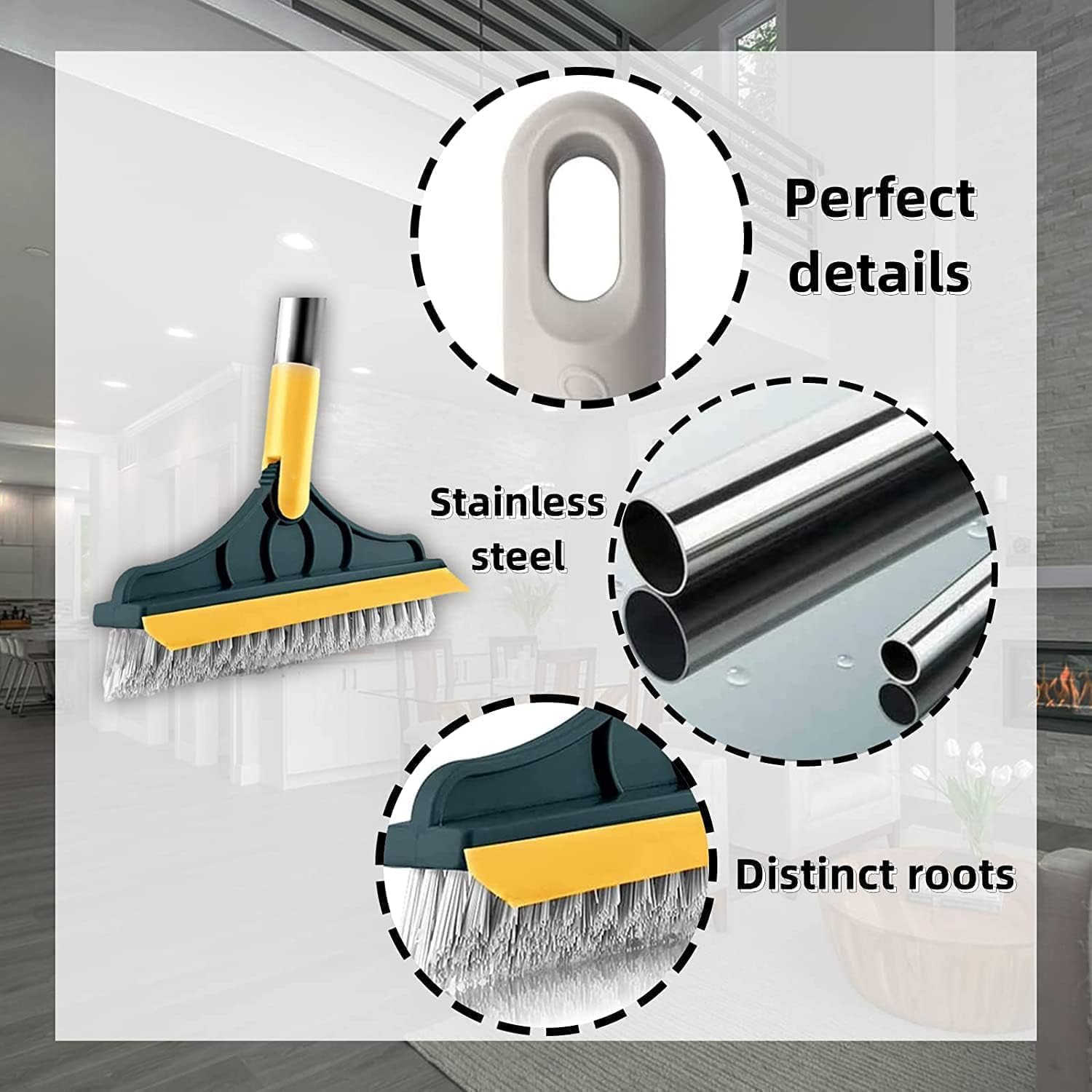 GFDesign 3 in 1 Bathroom Cleaning Brush with Wiper - Upgraded Tile Scrub Brush with Long Handle Tile Cleaner Brush, for Kitchen, Floor and Home - Heavy Duty, Durable, Bathroom Cleaning Accessories 3