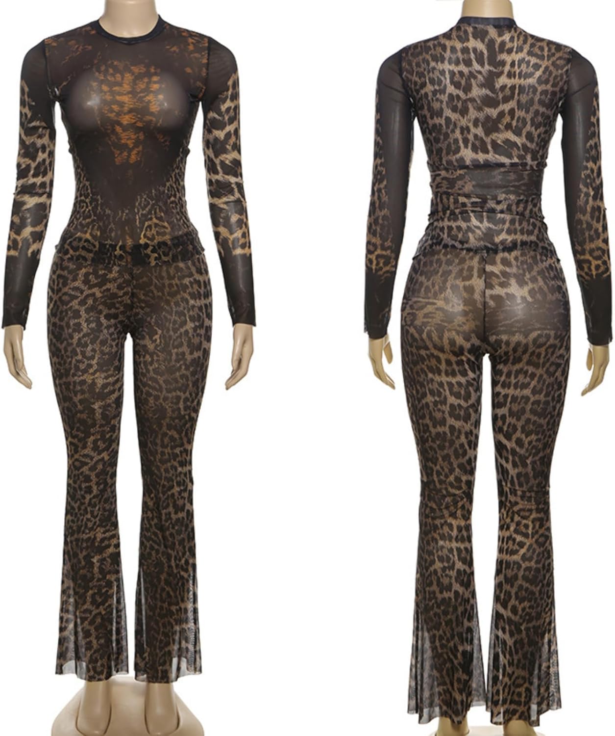 Women's Sexy See Through Leopard Print 2 Piece Set Mesh Sheer Long Sleeve Crop Top High Waist Flare Pants Outfits - Image 6