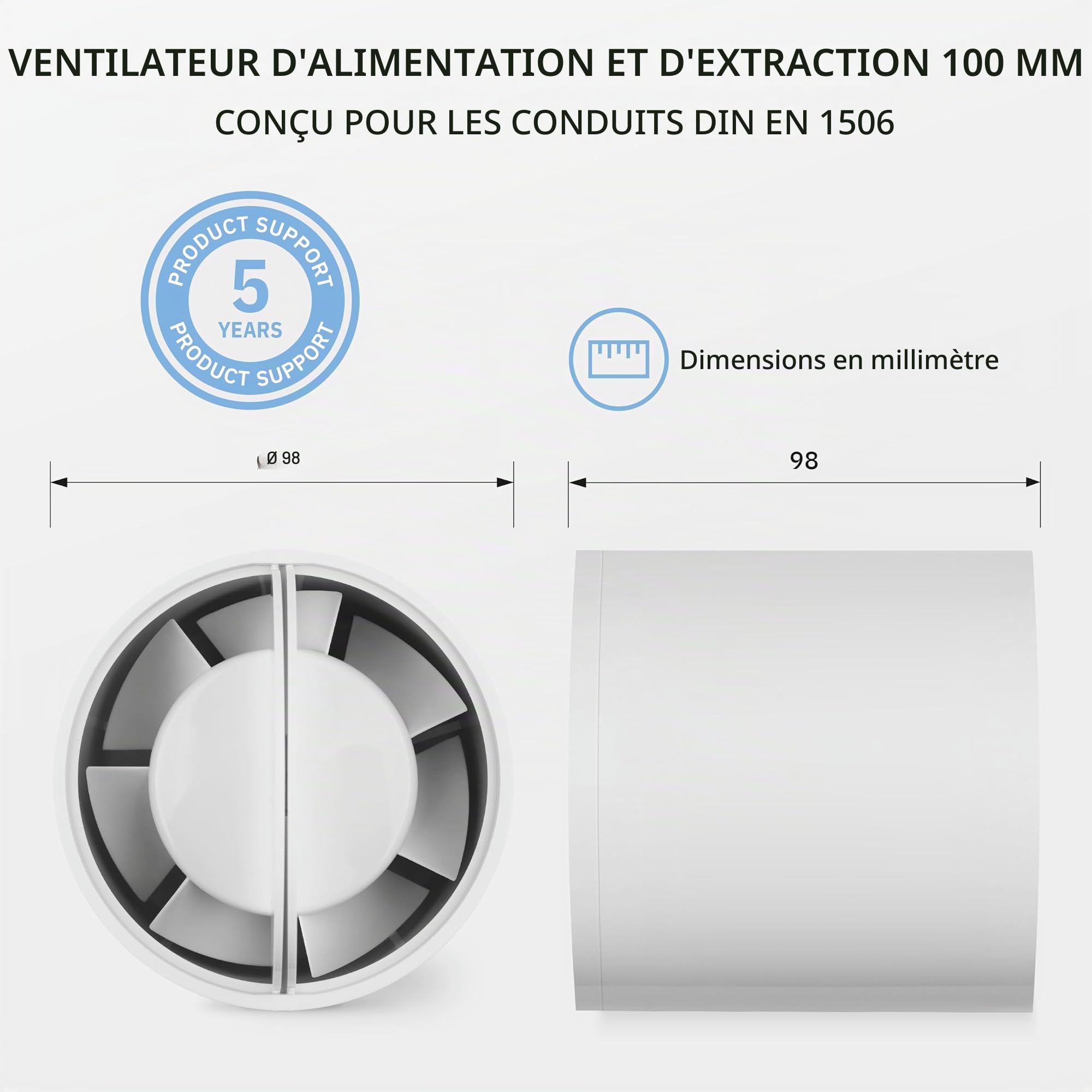 Ventilateur extracteur INLINE 100 mm, ventilateur en ligne avec obturateur anti-retour 10,2 cm, ventilateur extracteur de salle de bain, tente de culture, ventilateur de conduit d'appoint,