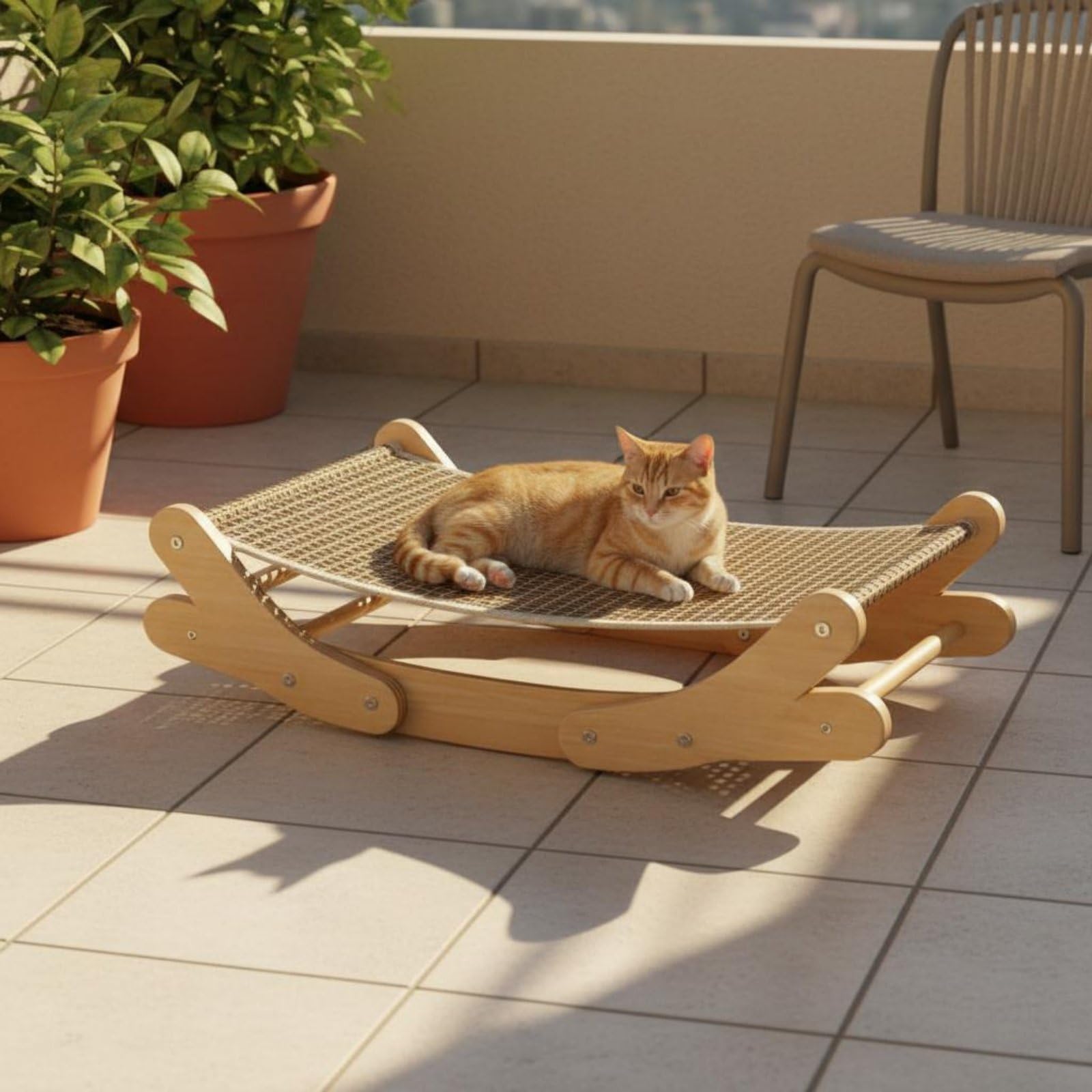 Panier Rafraîchissant pour Chat Nid Tressé Chaise Feline Hamac Courbé Support Bois Surface Respirante Fraîcheur Été, Tapis Jute+Contreplaqué