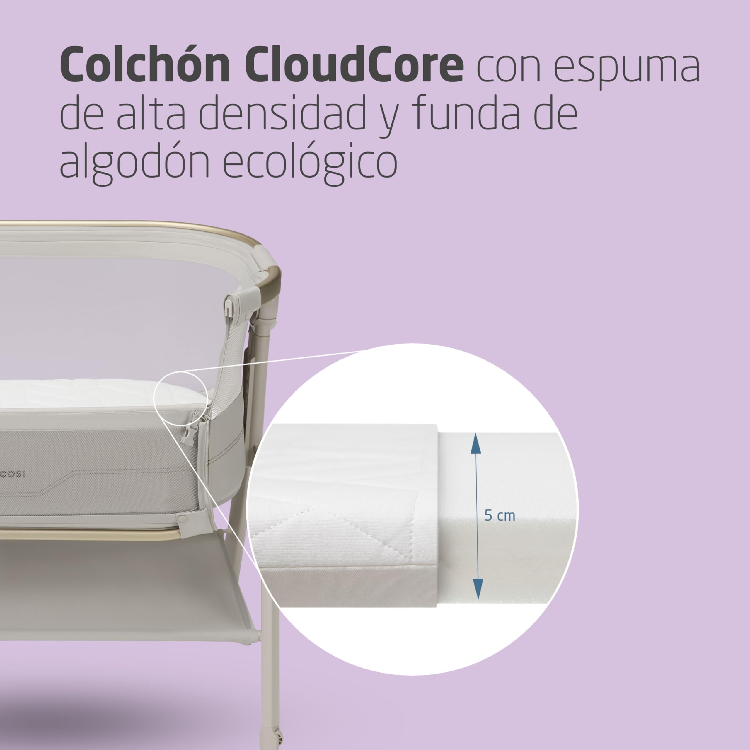 Maxi Cosi Iora² Cuna Colecho, 0-6 Meses (9 kg), Cuna Colecho Bebé Plegable y Ligera, Colchón CloudCore de 5cm, 5 Niveles de Altura, 2 Ruedas con Deslizamiento Suave, Fácil de Mover, Elegance Beige