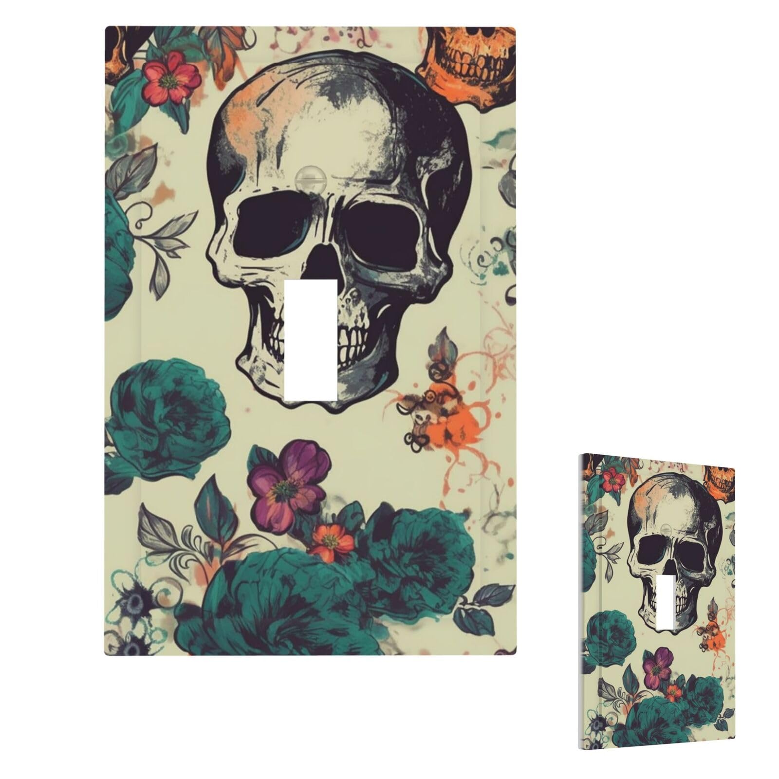Skull Flower Wall Plate Cover Modern Decorative 1 Gang Light Switch Cover Unbreakable Receptacle Outlet Covers For Living Room Bedroom Home Decor Single Toggle