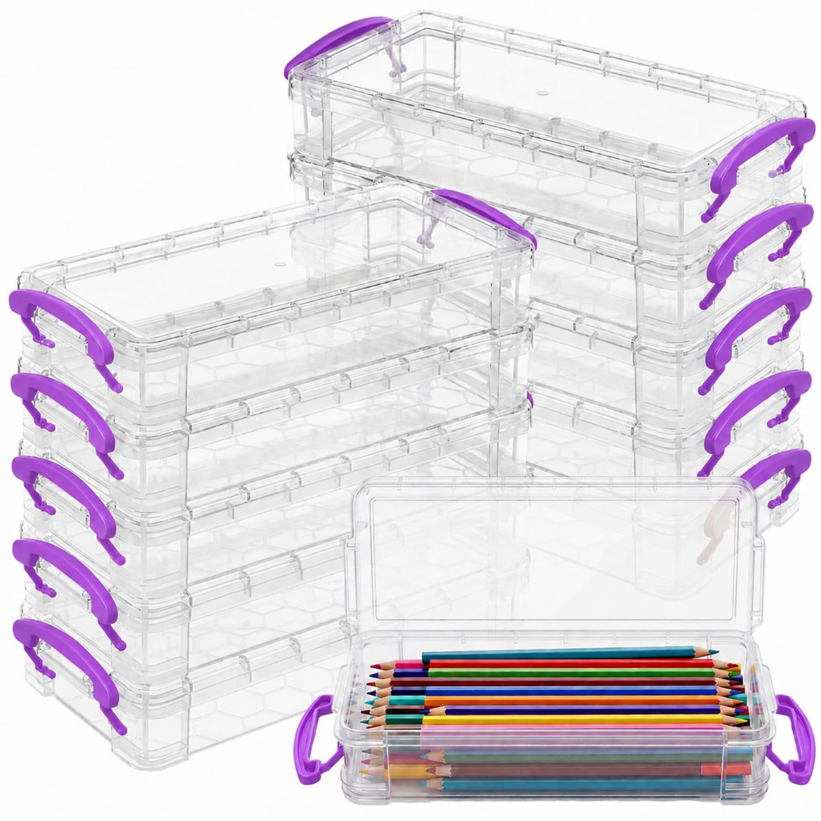 Zonon 12 scatole per matite di grande capacità, in plastica trasparente, per matite e pennarelli, impilabili, per penne, per il rientro a scuola, forniture per insegnanti (viola)