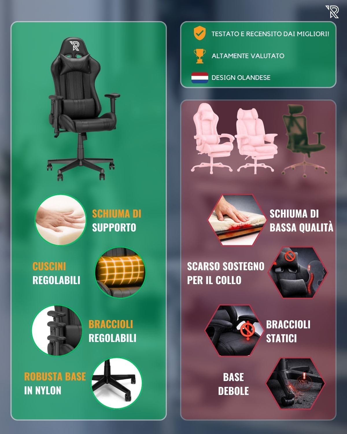 Felix Sedia Da Gaming Ergonomica Stile Racing Con Schienale Alto Per Persone Alte, Materiali Resistenti, Base In Nylon, Supporti Lombare E Cervicale Regolabili, Cuscini Inclusi, Nero
